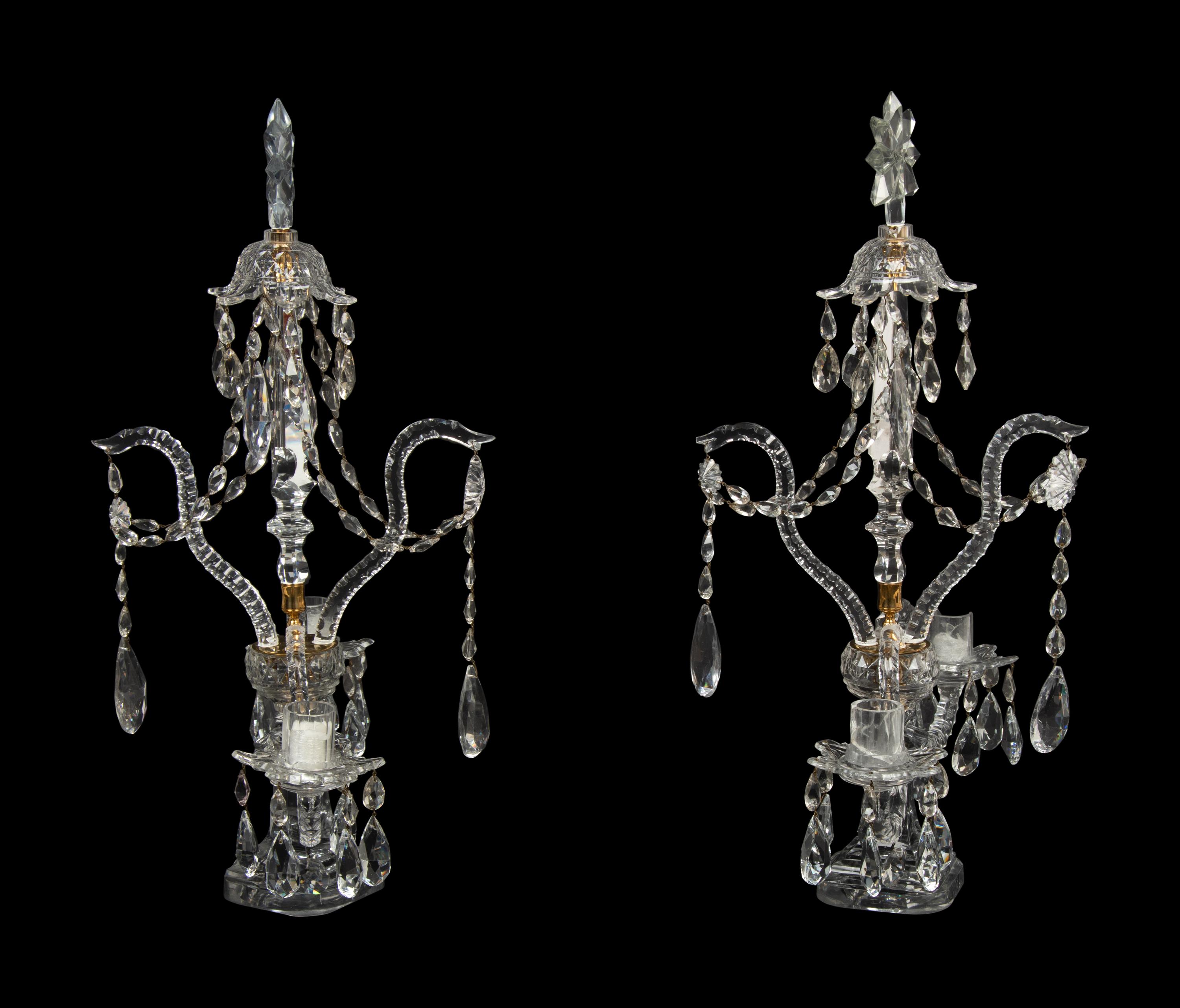 A Pair of English Brass Mounted Cut Glass Two-Light Girandoles