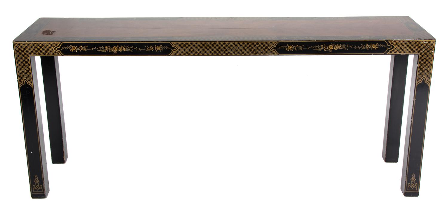 A Black and Gilt Chinoiserie Decorated Console Table Height 25 1/2 x width 60 1/4 x depth 15 inches. — 20TH CENTURY