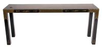 A Black and Gilt Chinoiserie Decorated Console Table Height 25 1/2 x width 60 1/4 x depth 15 inches. — 20TH CENTURY