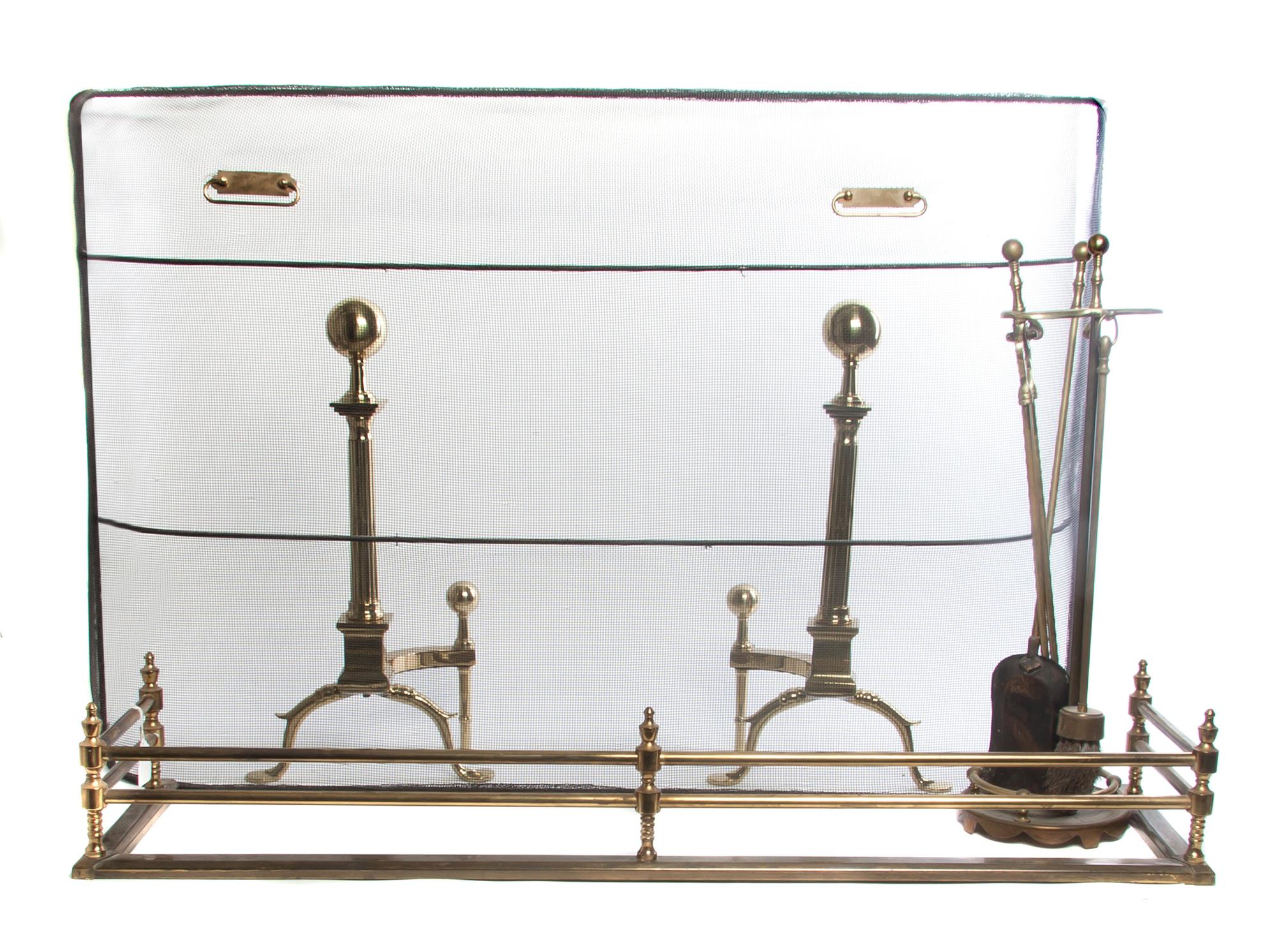 An Assembled Set of Brass Fireplace Tools, Width of fender 49 inches.