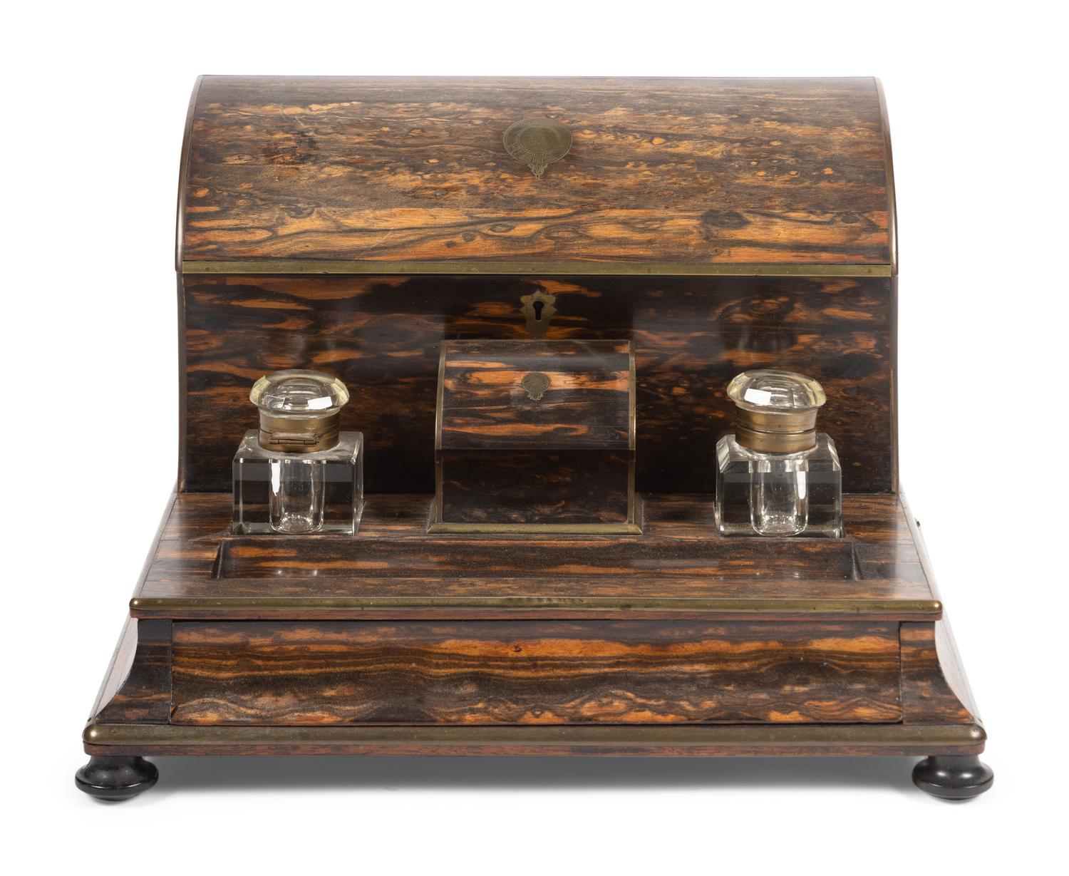 A Victorian Brass-Mounted Calamander Ink Stand and Letter Box