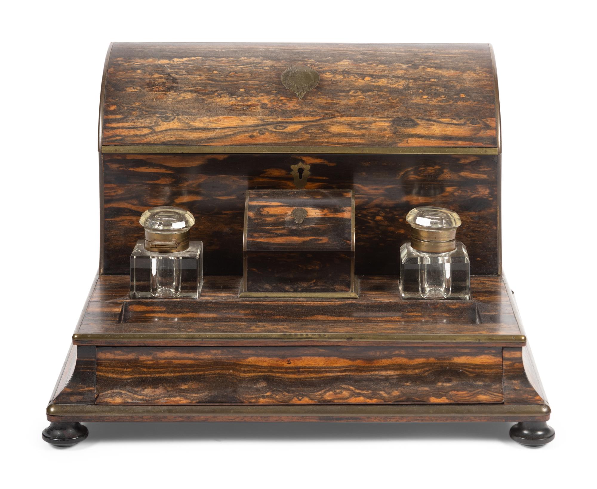 A Victorian Brass-Mounted Calamander Ink Stand and Letter Box