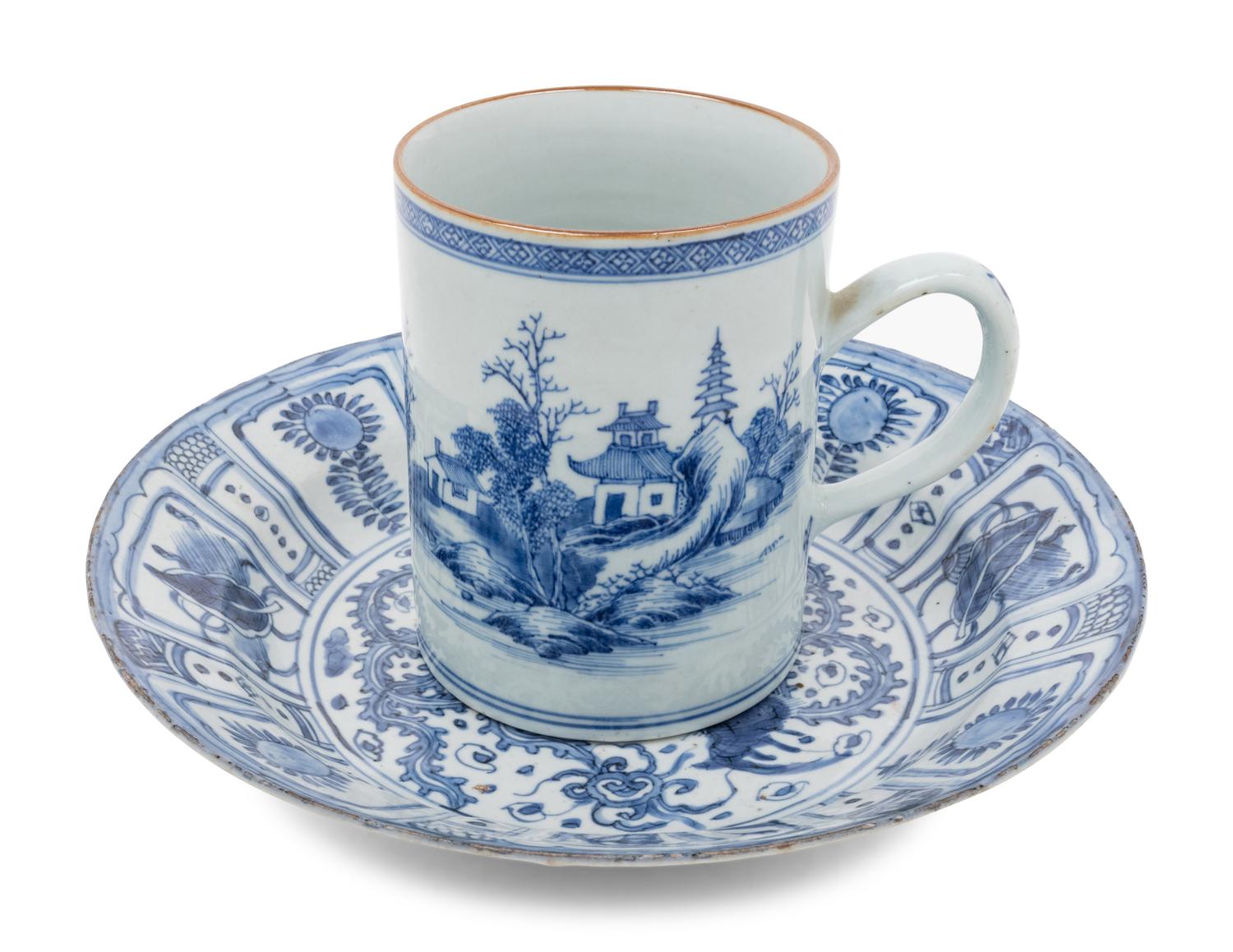 A Chinese Export Kraak Ware Charger and a Blue and White Porcelain Mug