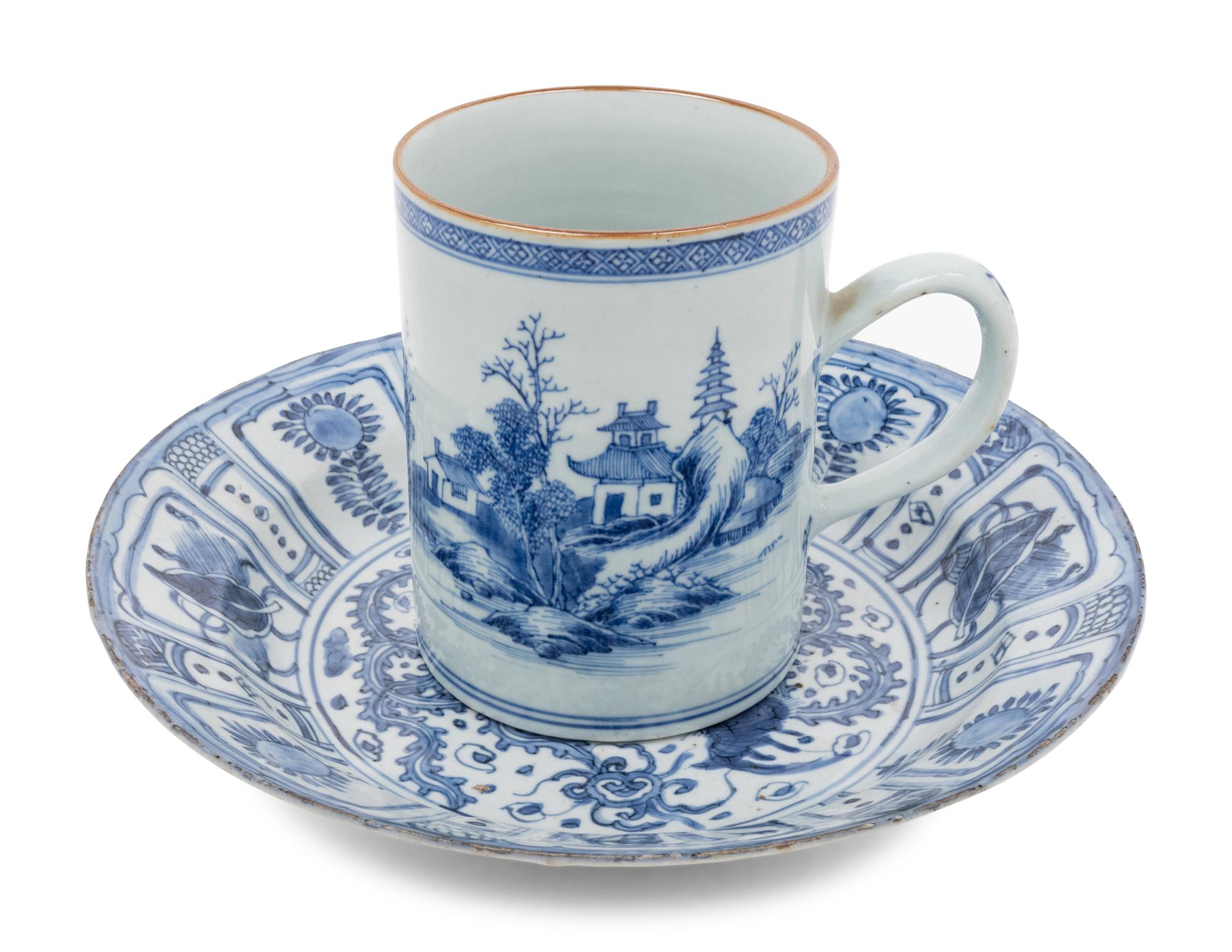 A Chinese Export Kraak Ware Charger and a Blue and White Porcelain Mug