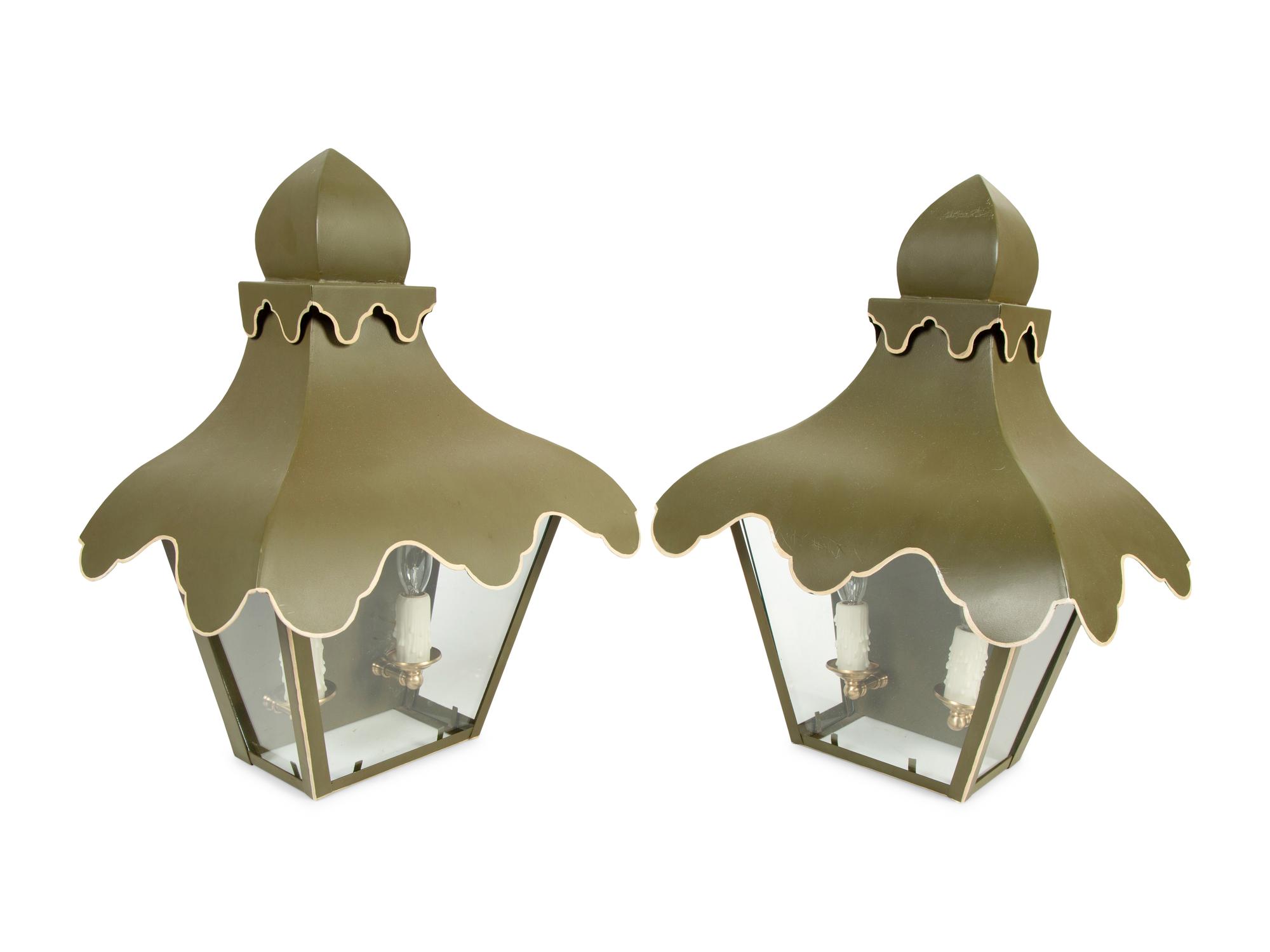 A Pair of Green and White Tole Tent Lantern Two-Light Sconces — By Colleen & Co.