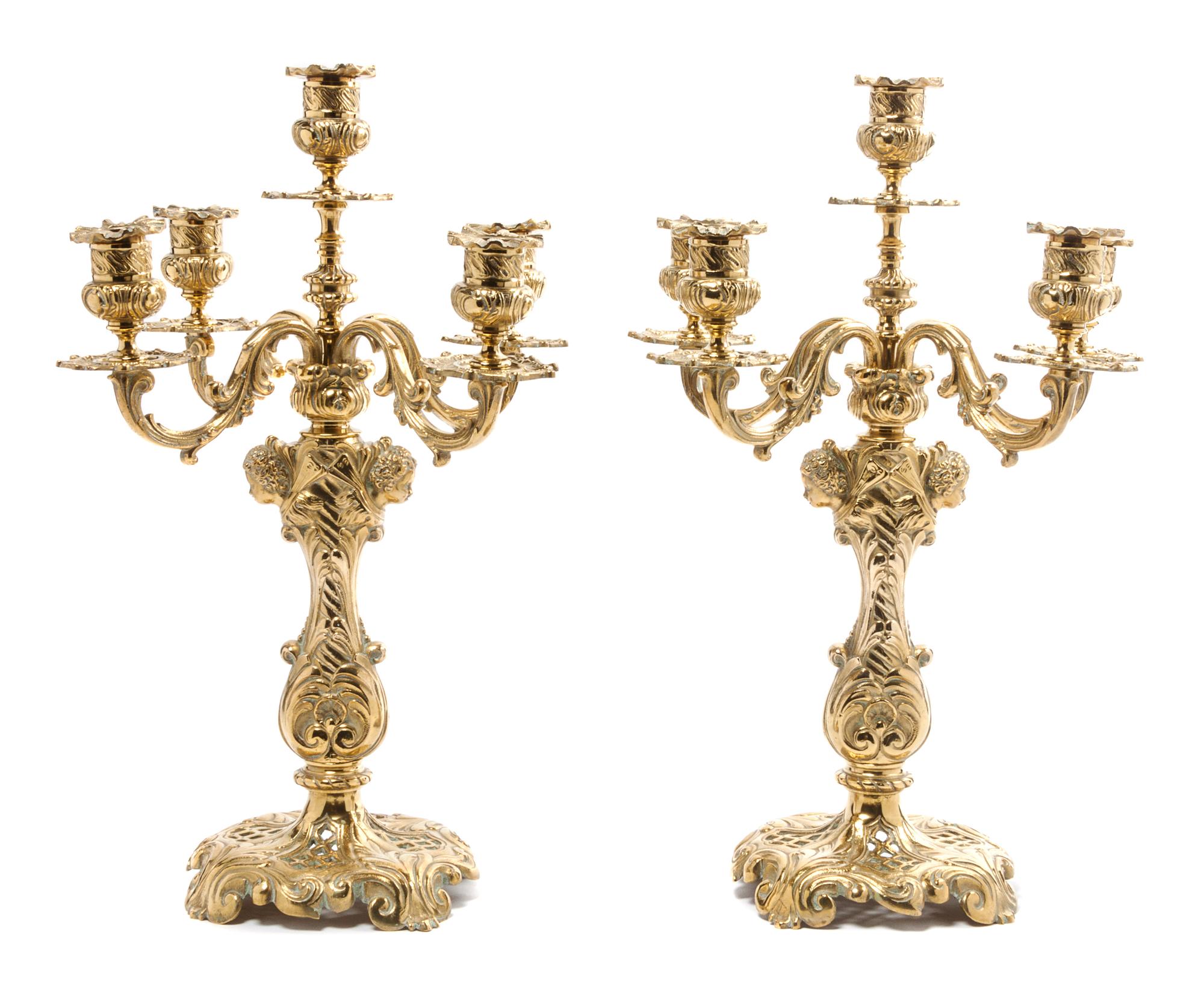 A Pair of Louis XV Style Gilt Brass Five-Light Candelabra Height 16 inches. — 20TH CENTURY
