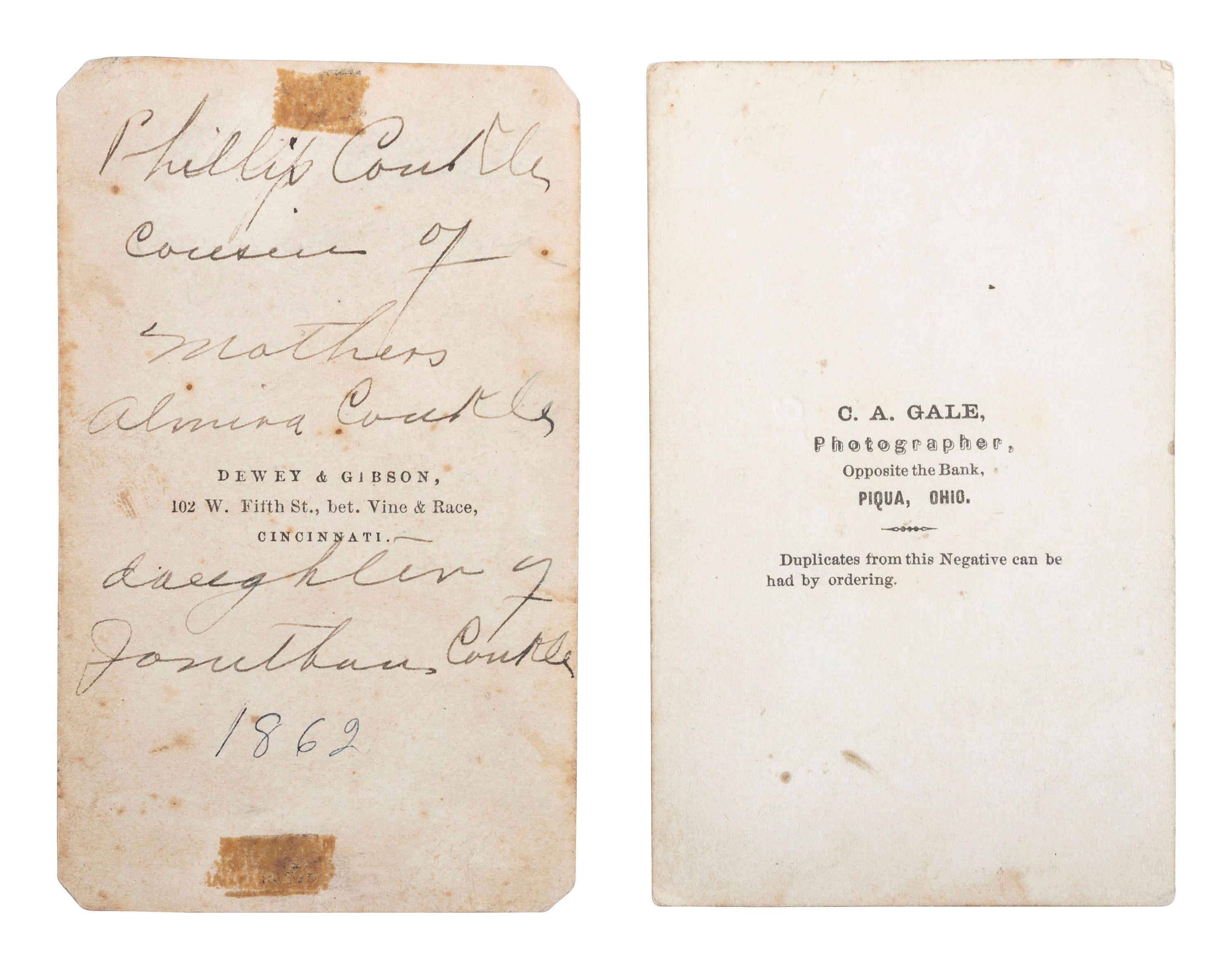 [CIVIL WAR]. A group of 2 Civil War CDVs of Ohio soldiers, incl. Private Philip M. Conkle, Bugler, Co. F, 115th Ohio Volunteers.