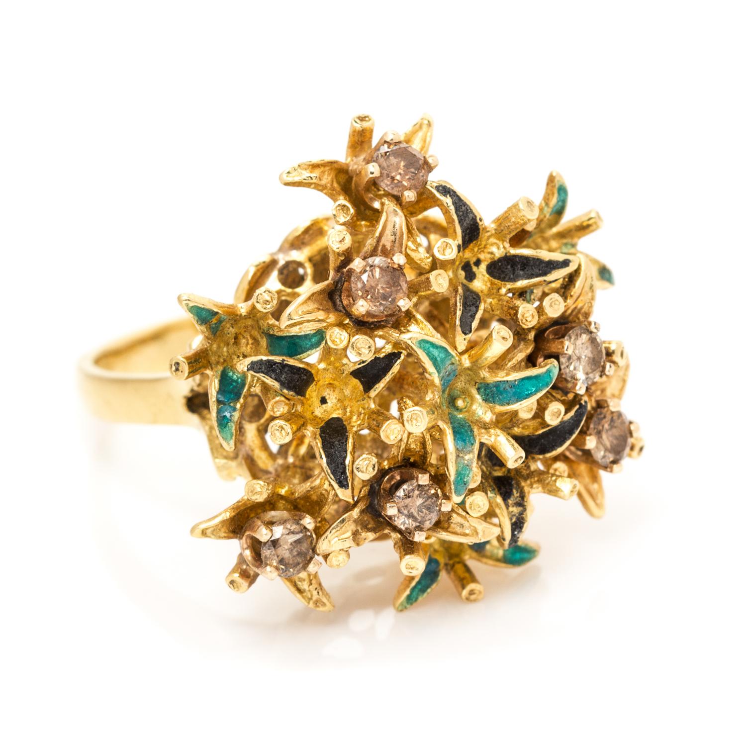 A Yellow Gold, Colored Diamond and Polychrome Enamel Ring, 7.80 dwts.