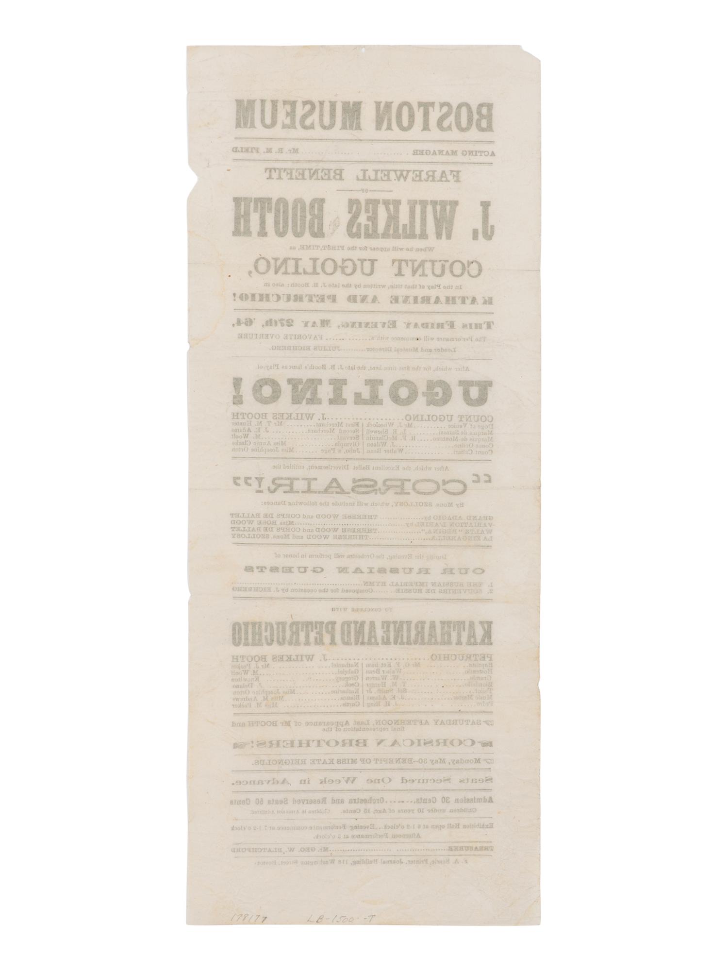 [BOOTH, John Wilkes (1838-1865)]. A broadside playbill for Booth's performance as Count Ugolino in the play of the same title at the Boston Museum, 27 May 1864.