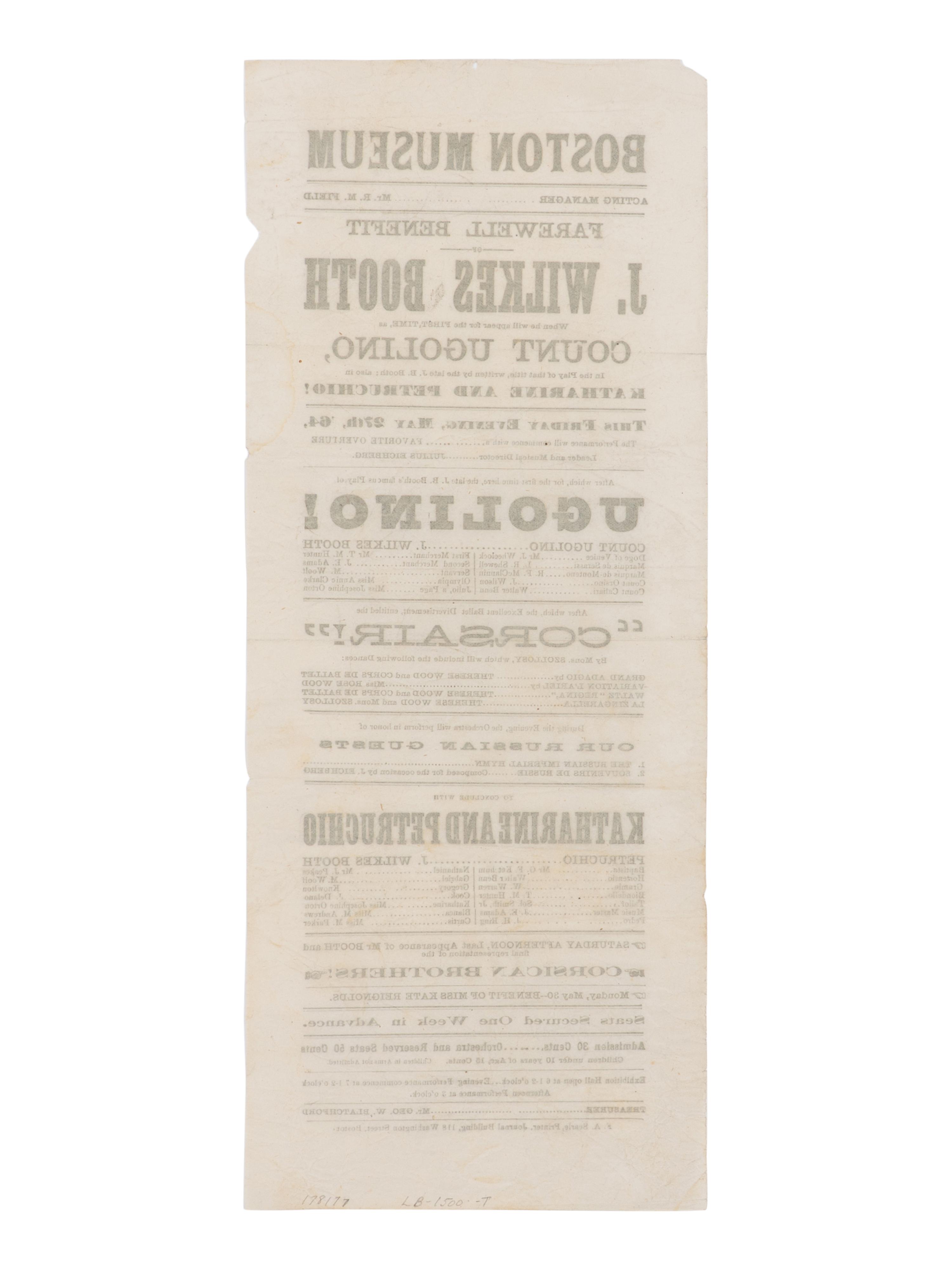 [BOOTH, John Wilkes (1838-1865)]. A broadside playbill for Booth's performance as Count Ugolino in the play of the same title at the Boston Museum, 27 May 1864.