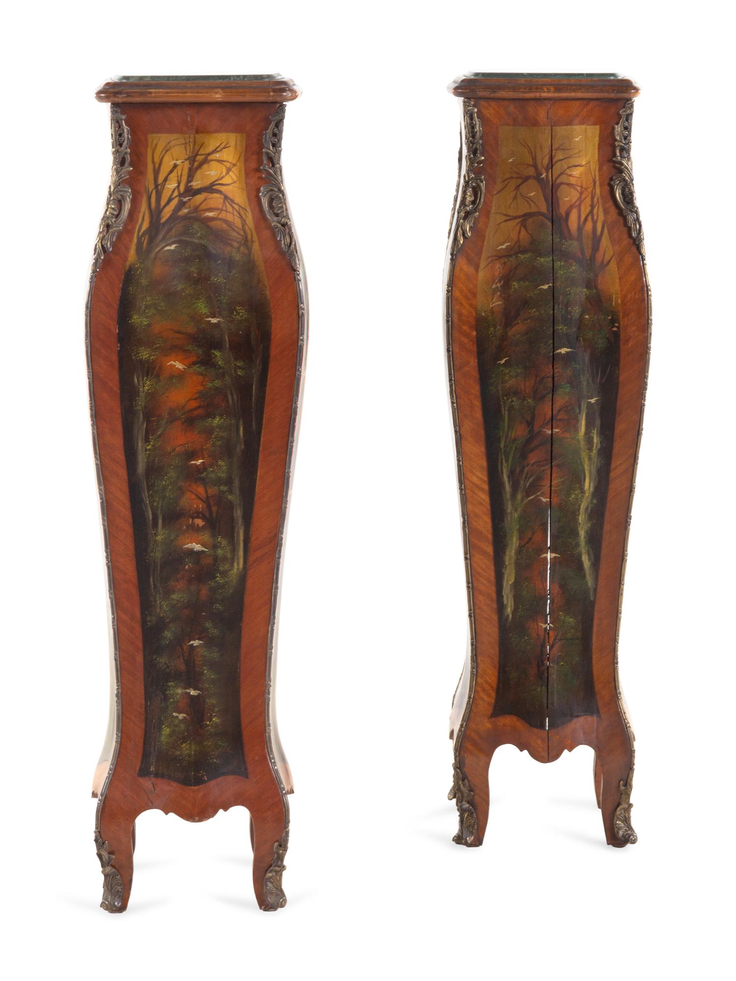 A Pair of Louis XV Style Gilt Metal Mounted Vernis Martin Style Pedestals