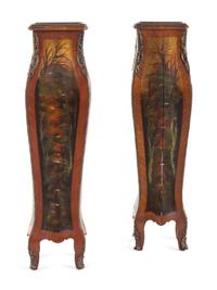 A Pair of Louis XV Style Gilt Metal Mounted Vernis Martin Style Pedestals