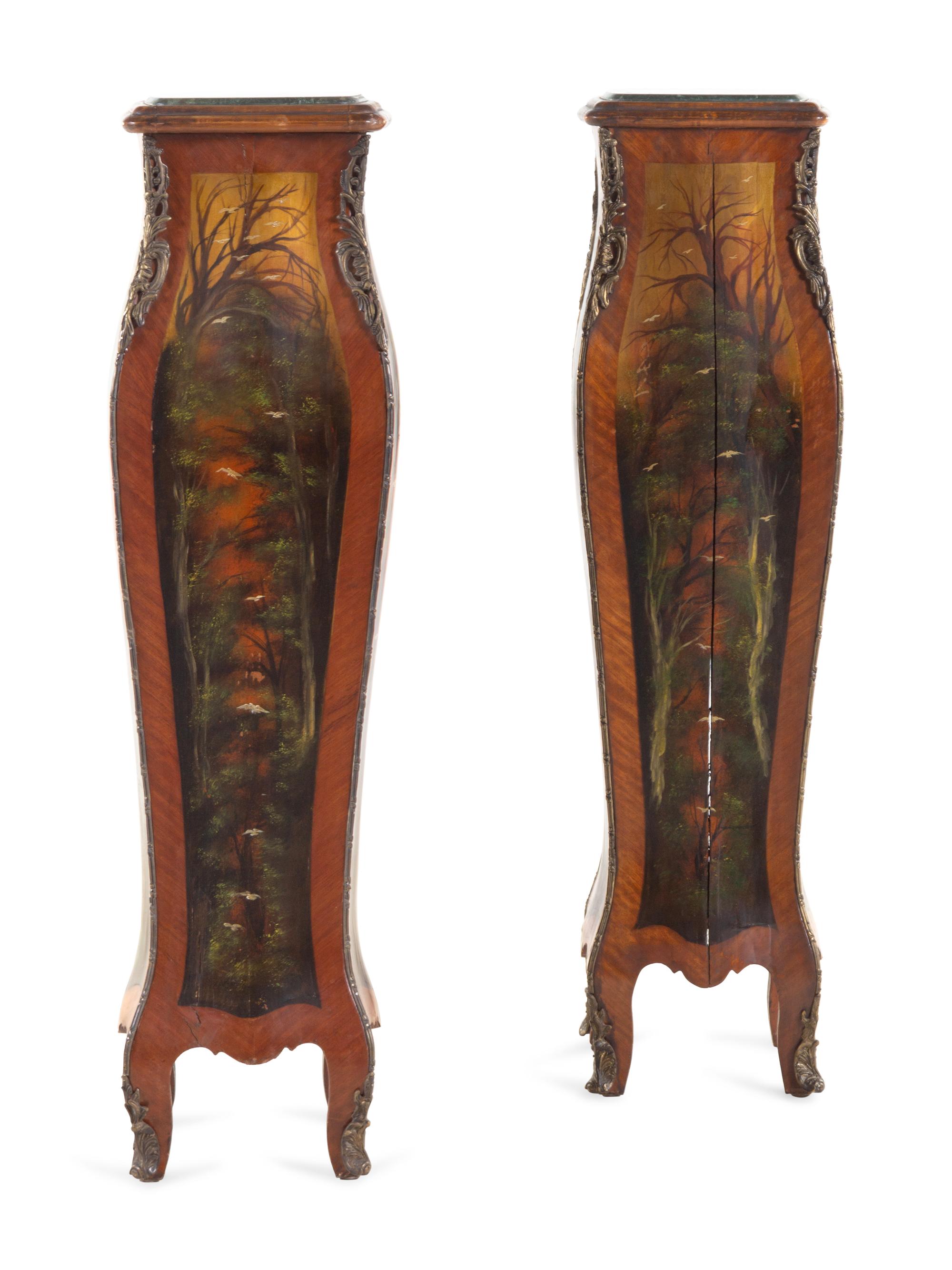 A Pair of Louis XV Style Gilt Metal Mounted Vernis Martin Style Pedestals