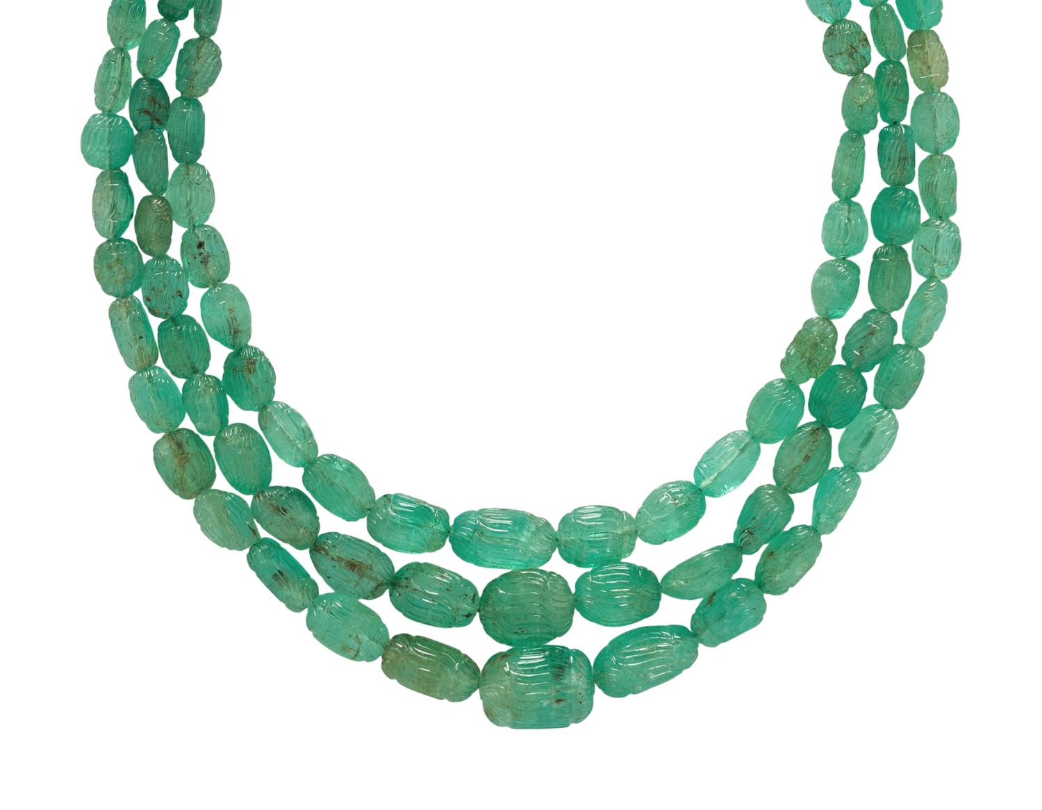 CARVED EMERALD, TRIPLE STRAND BEAD NECKLACE