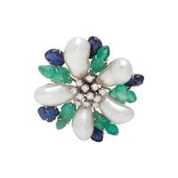 TRIO, DIAMOND, CULTURED BAROQUE PEARL, EMERALD AND SAPPHIRE BROOCH