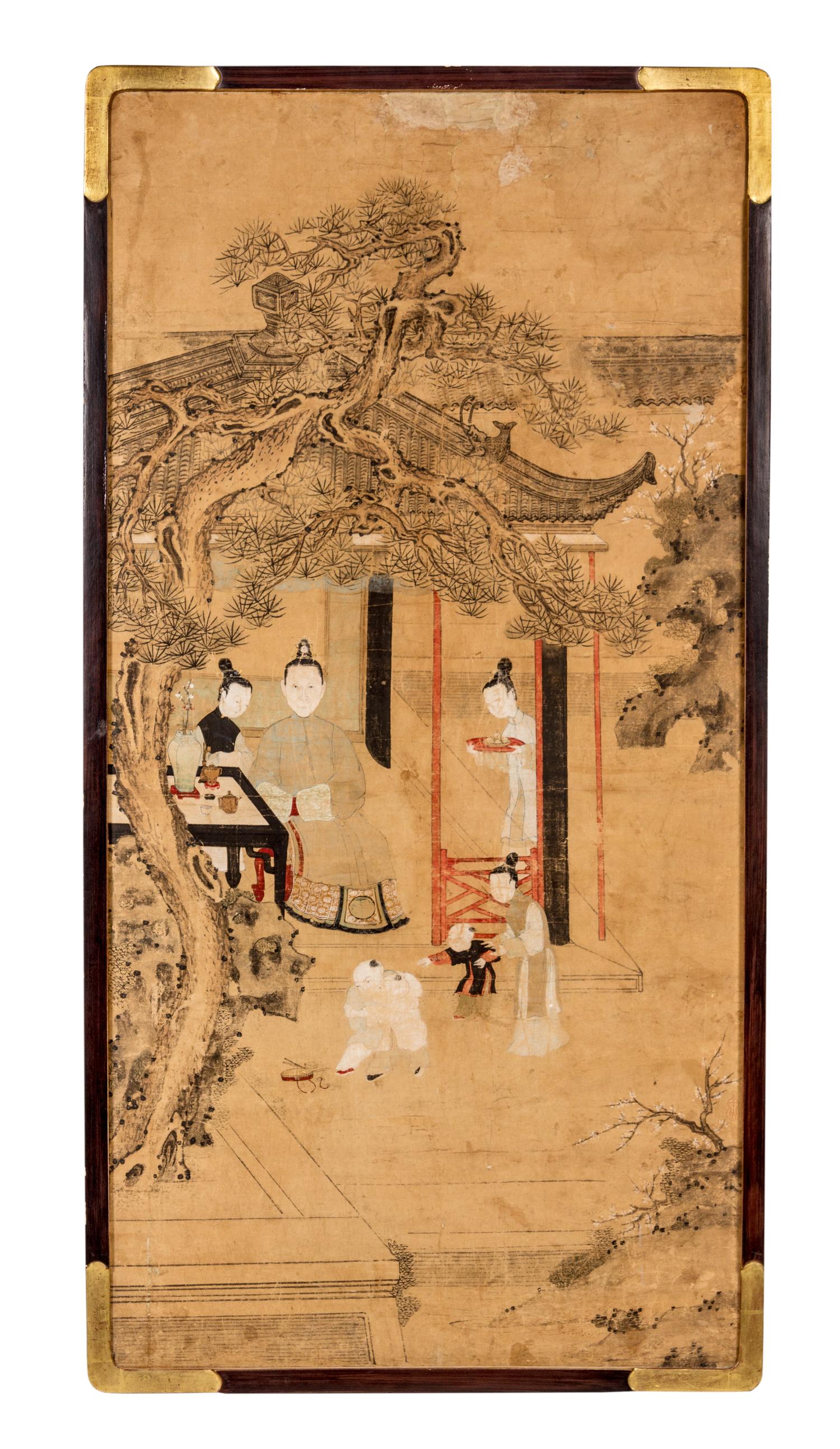 Two Ink and Color Paintings on Paper Height of taller 45 x width 19 3/4 inches.