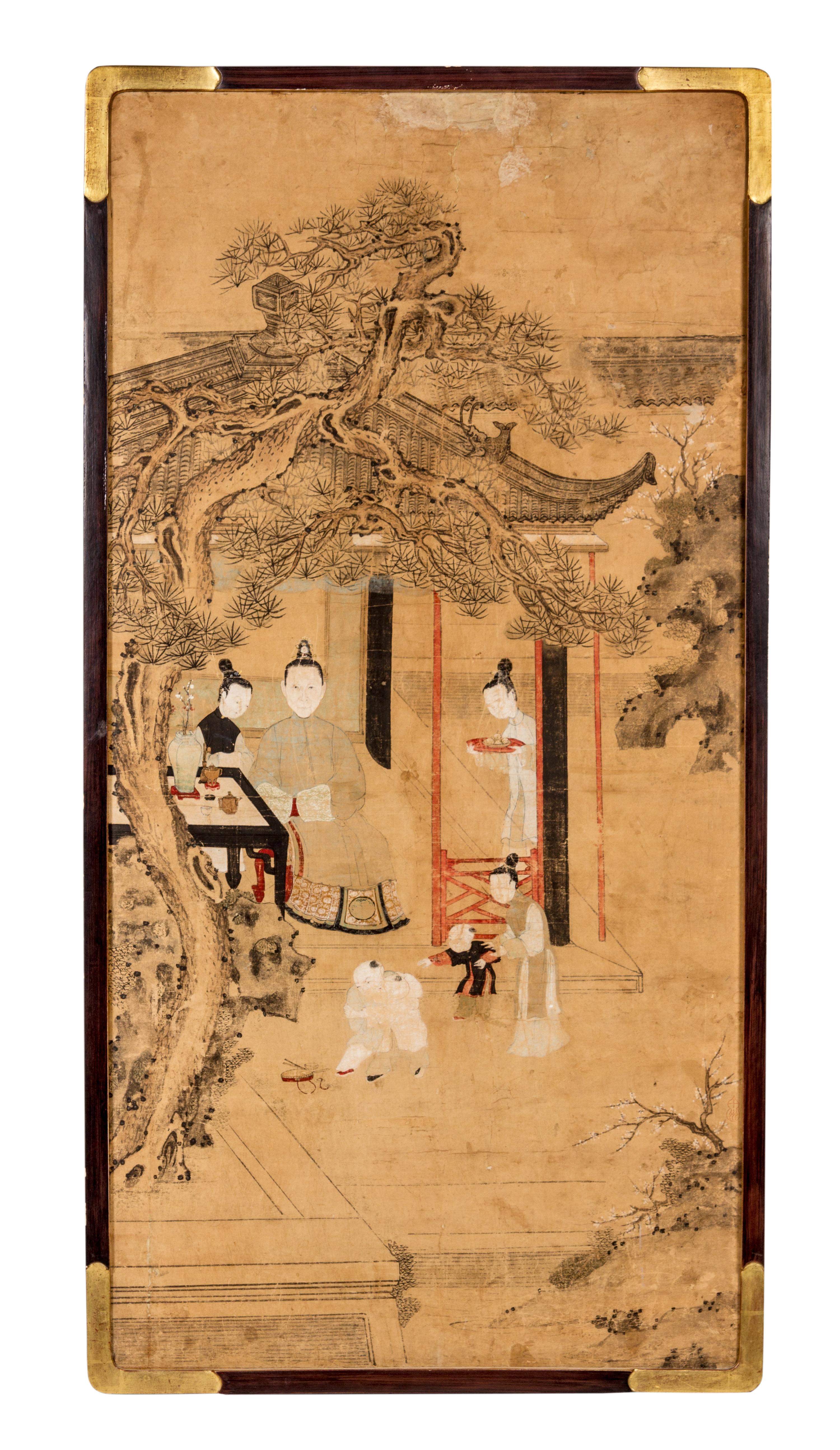 Two Ink and Color Paintings on Paper Height of taller 45 x width 19 3/4 inches.