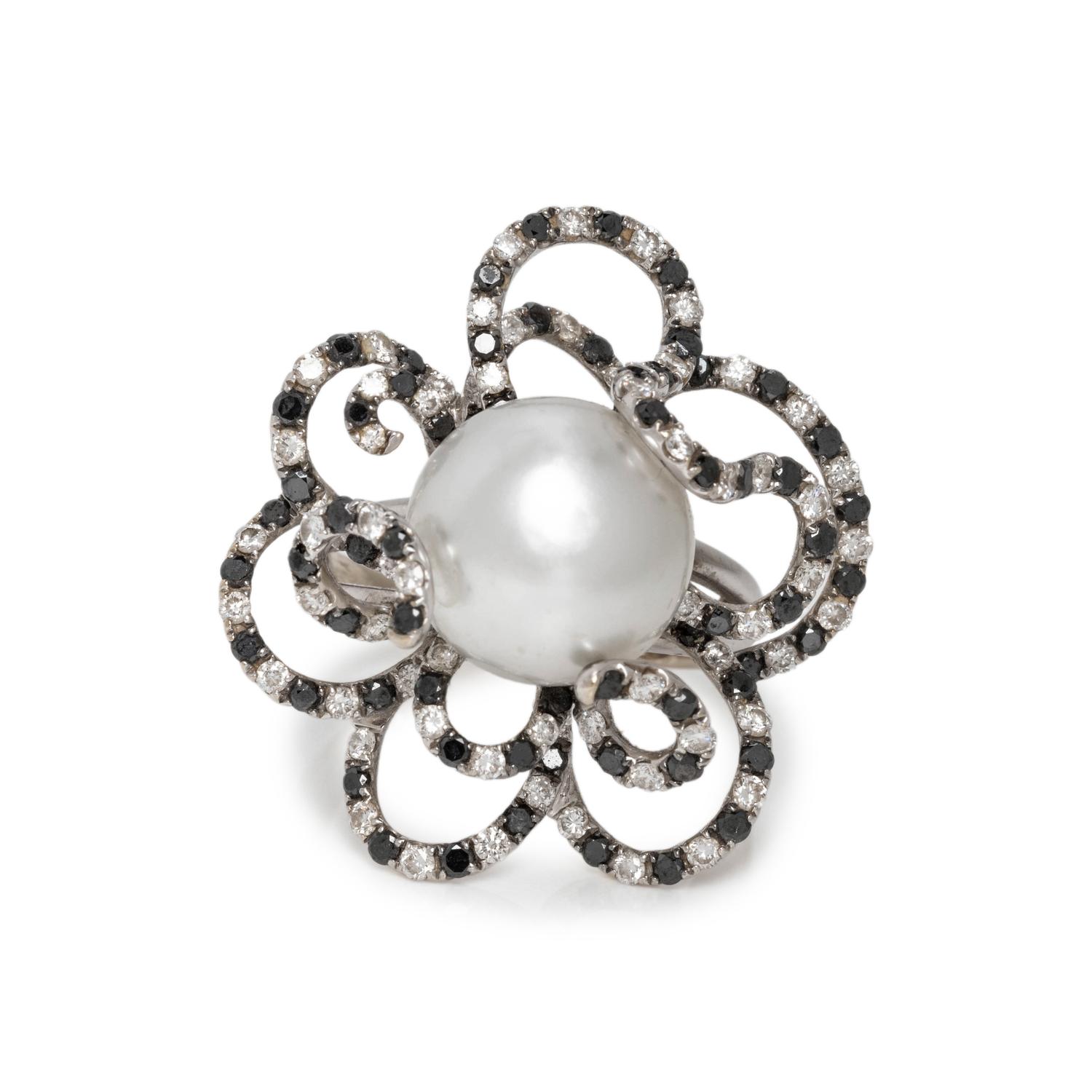 CULTURED PEARL, DIAMOND AND BLACK DIAMOND RING