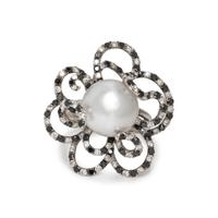 CULTURED PEARL, DIAMOND AND BLACK DIAMOND RING
