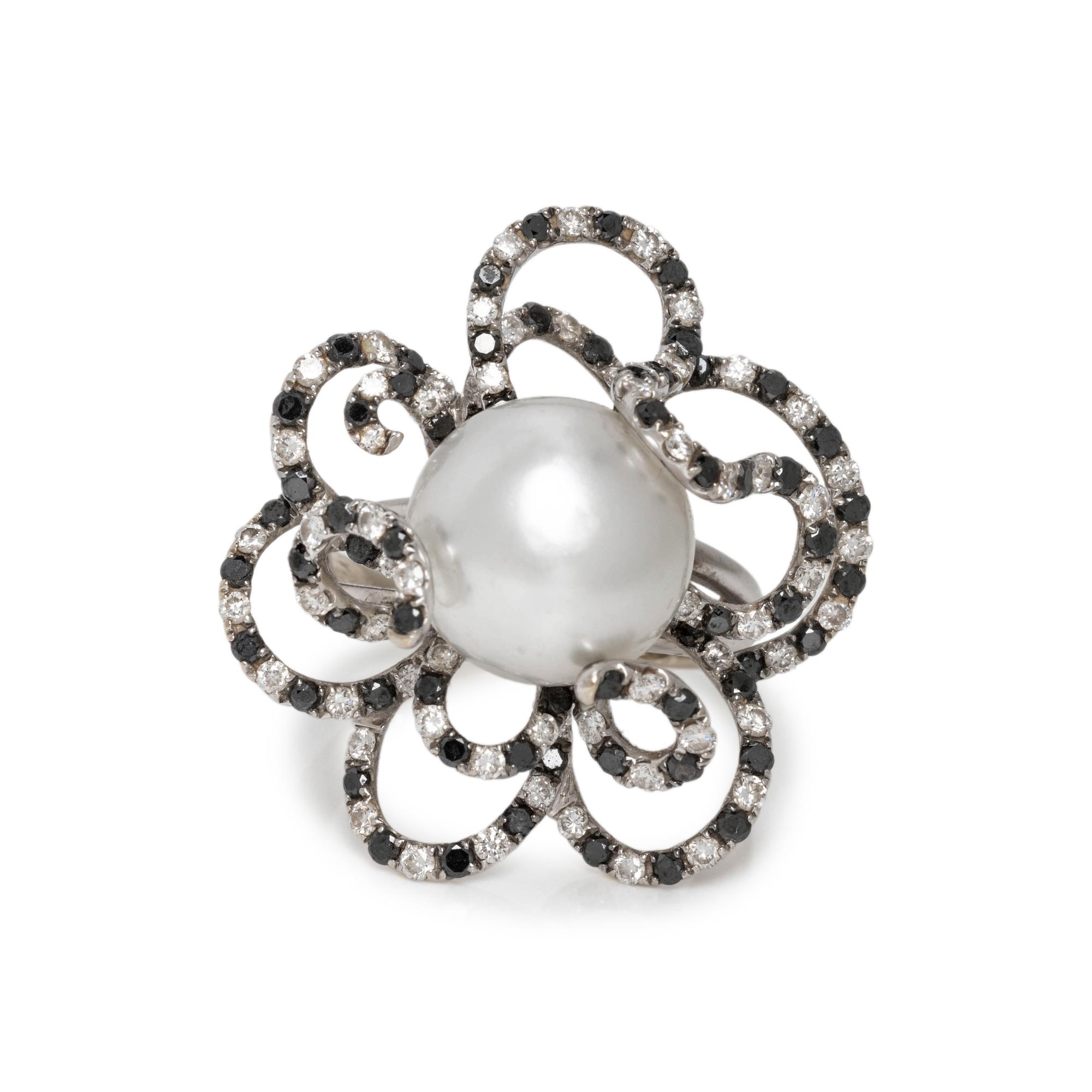 CULTURED PEARL, DIAMOND AND BLACK DIAMOND RING