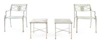 A Suite of Painted Metal Patio Furniture Height of bench 31 x width 42 3/4 x depth 21 inches. — 20TH CENTURY
