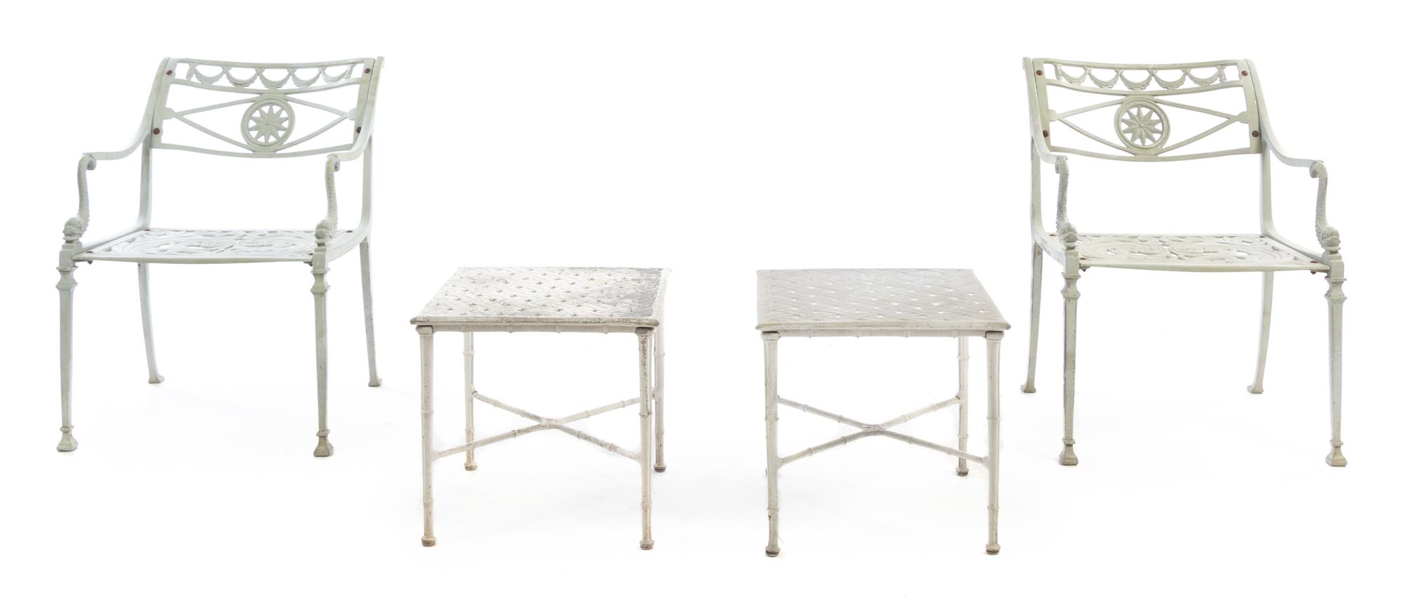 A Suite of Painted Metal Patio Furniture Height of bench 31 x width 42 3/4 x depth 21 inches. — 20TH CENTURY