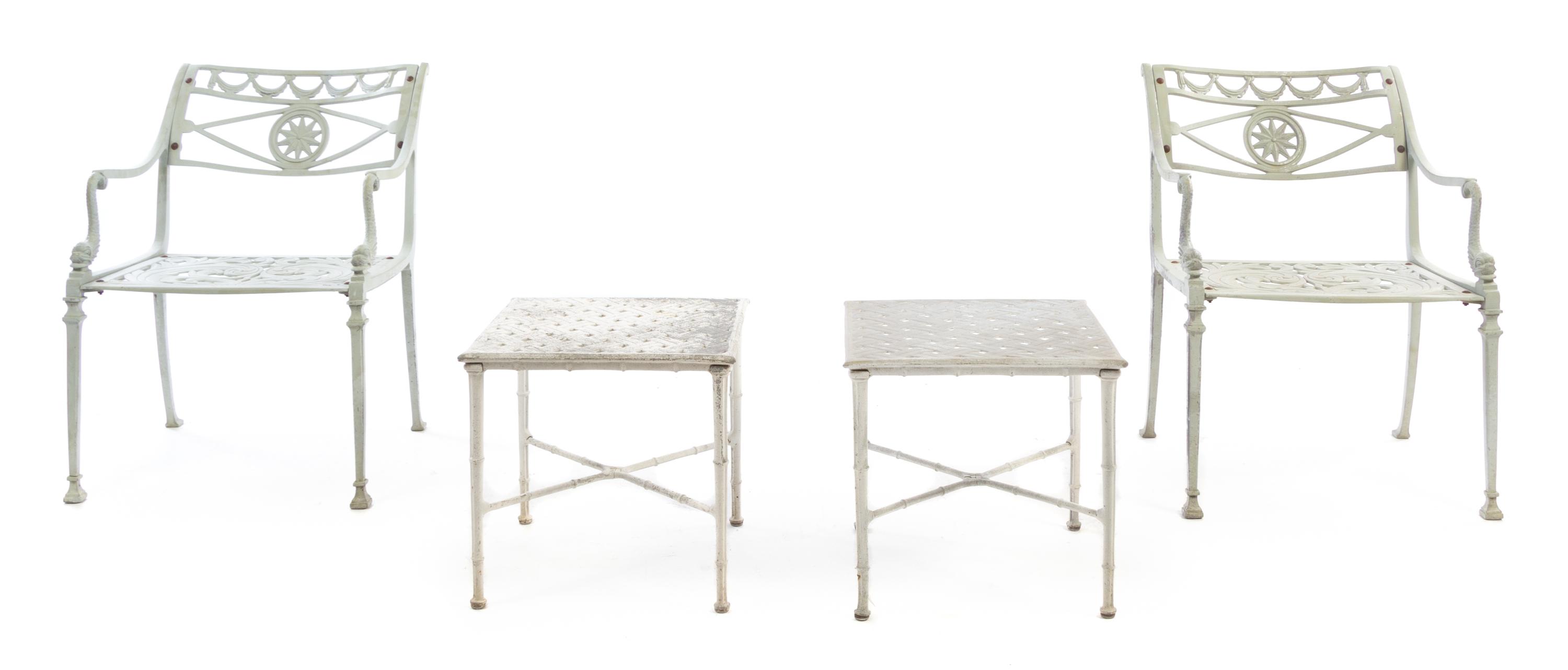 A Suite of Painted Metal Patio Furniture Height of bench 31 x width 42 3/4 x depth 21 inches. — 20TH CENTURY