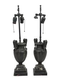 A Pair of Grand Tour Cast Metal Urns Mounted as Lamps with Marble Bases