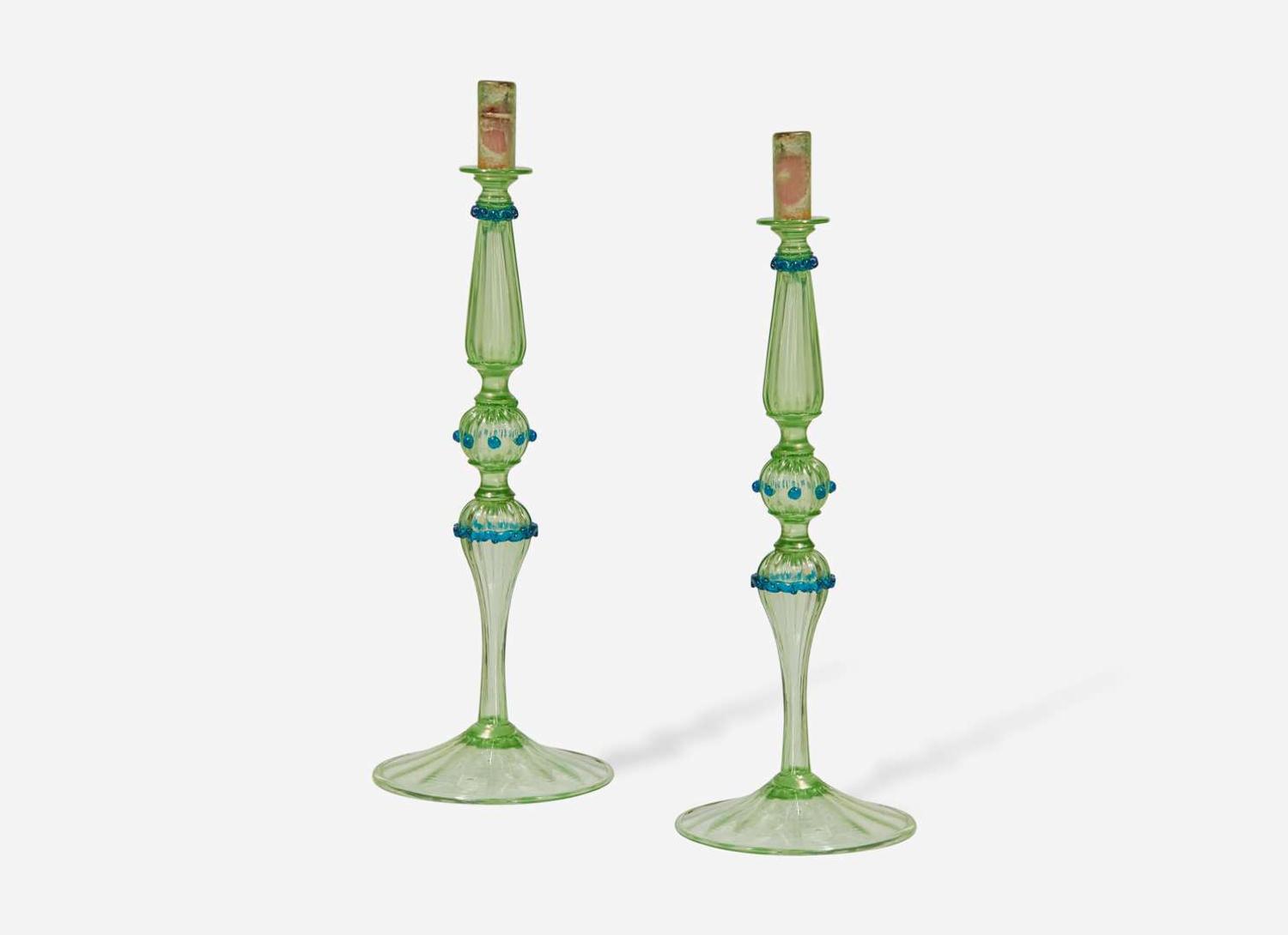 A large pair of Venetian or Murano green and blue blown glass candlesticks, 20th century
