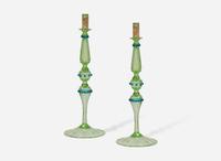 A large pair of Venetian or Murano green and blue blown glass candlesticks, 20th century
