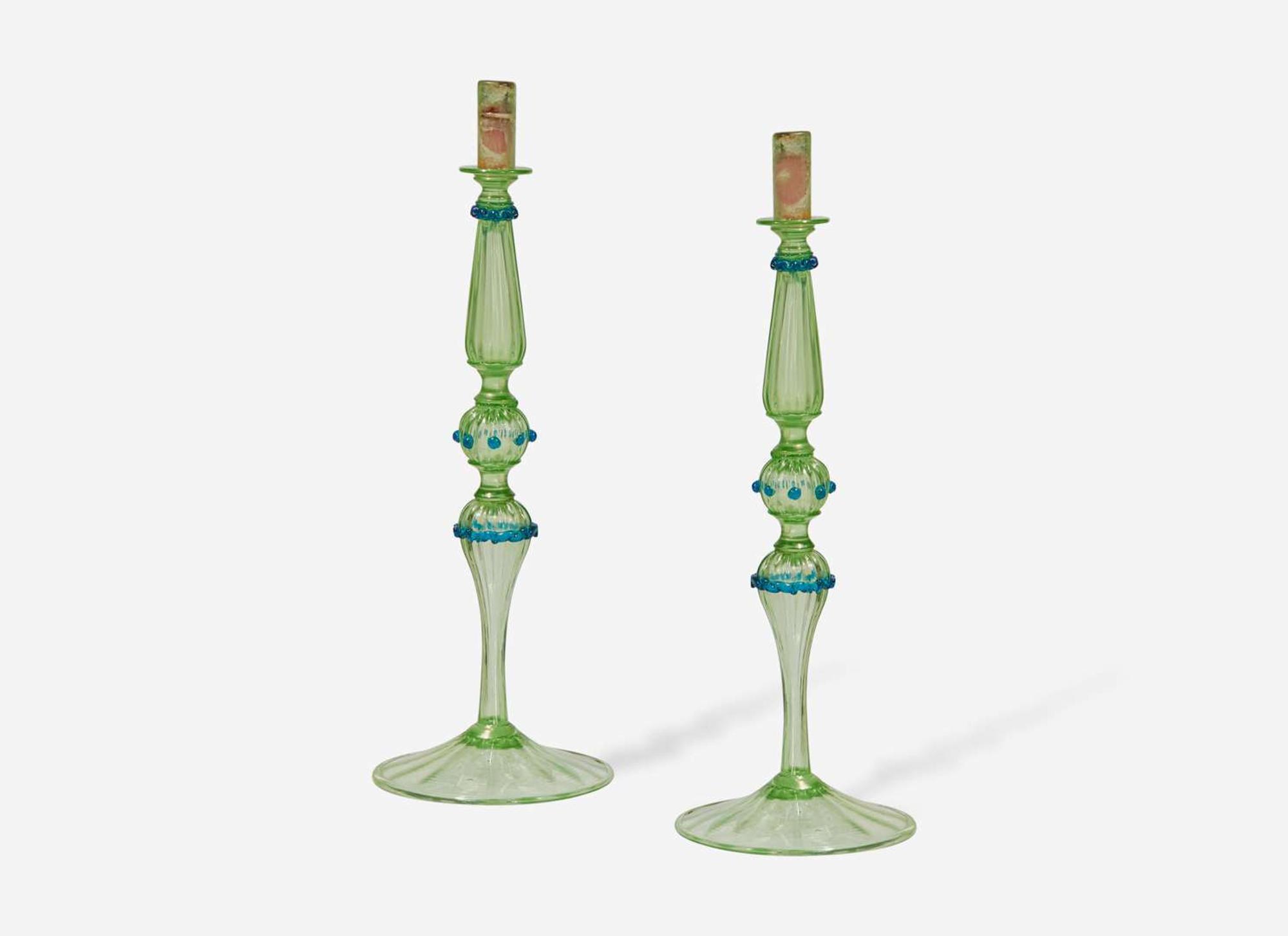 A large pair of Venetian or Murano green and blue blown glass candlesticks, 20th century