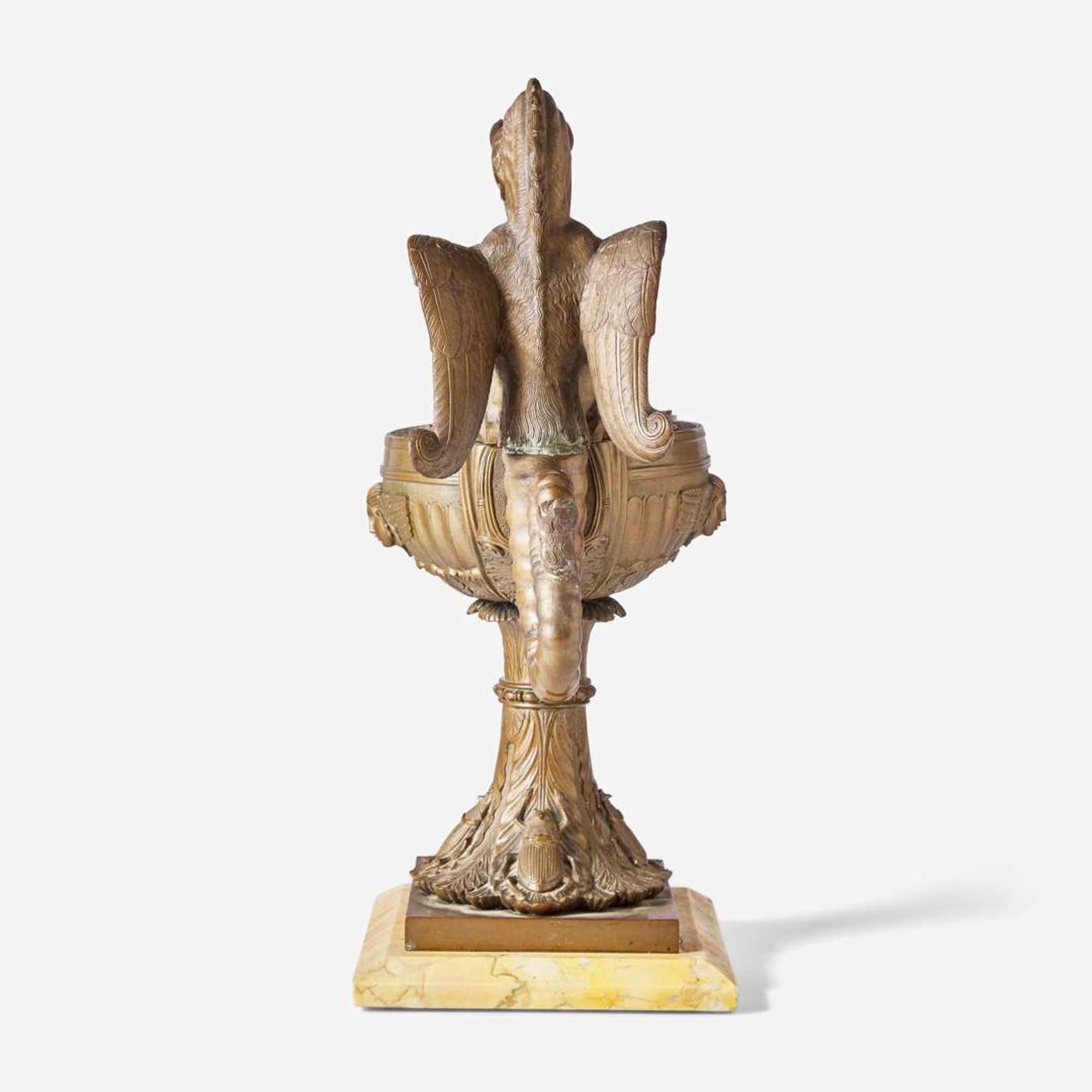 A Grand Tour Egyptian Revival bronze oil lamp on Giallo antico marble base Benedetto Boschetti (active c. 1820-1870), Rome, Italy, mid-19th century