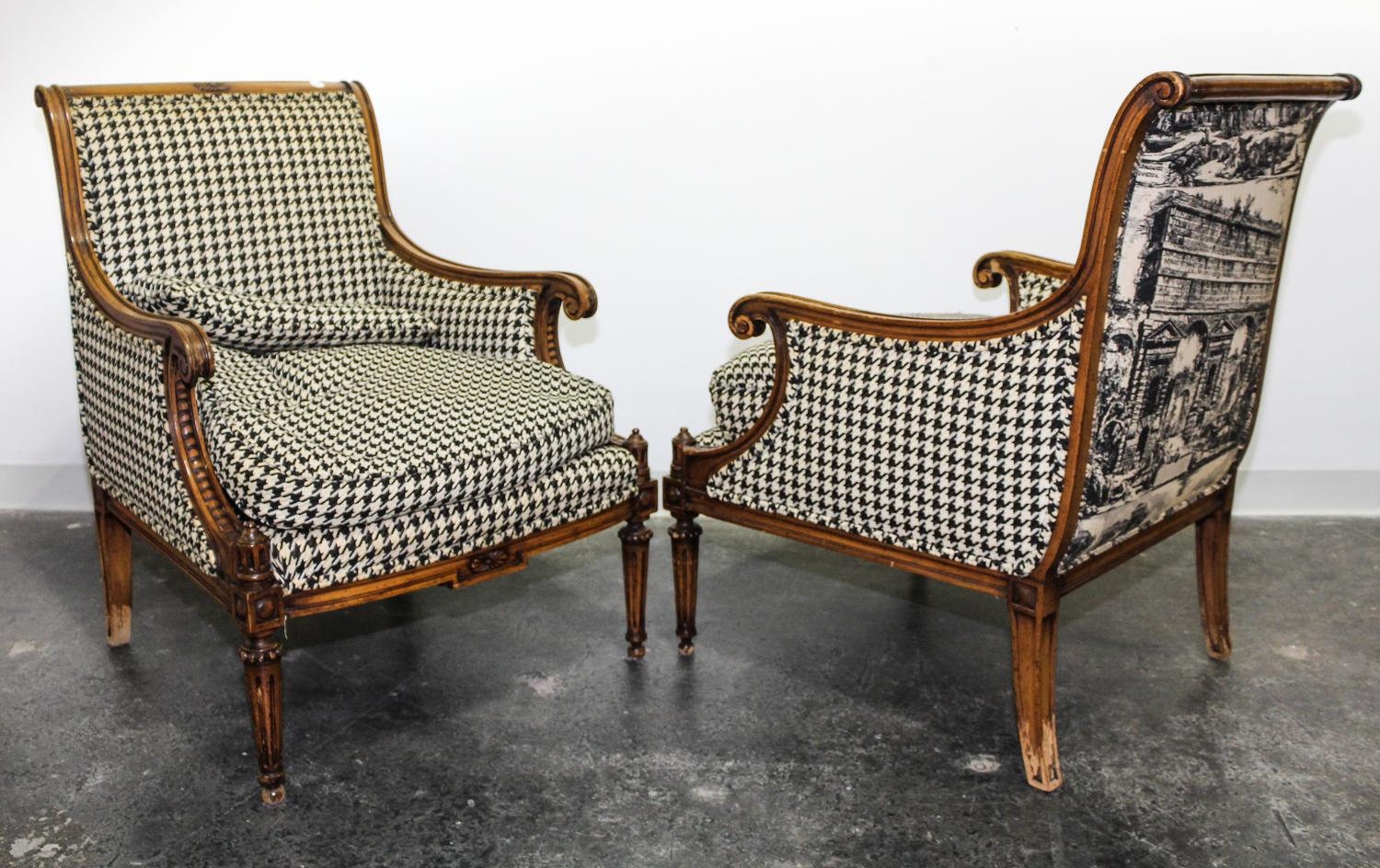 A Pair of Walnut and Houndstooth Bergeres Height 35 inches. — 20TH CENTURY