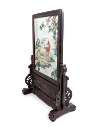 A Famille Rose Porcelain Inset Hongmu Table Screen