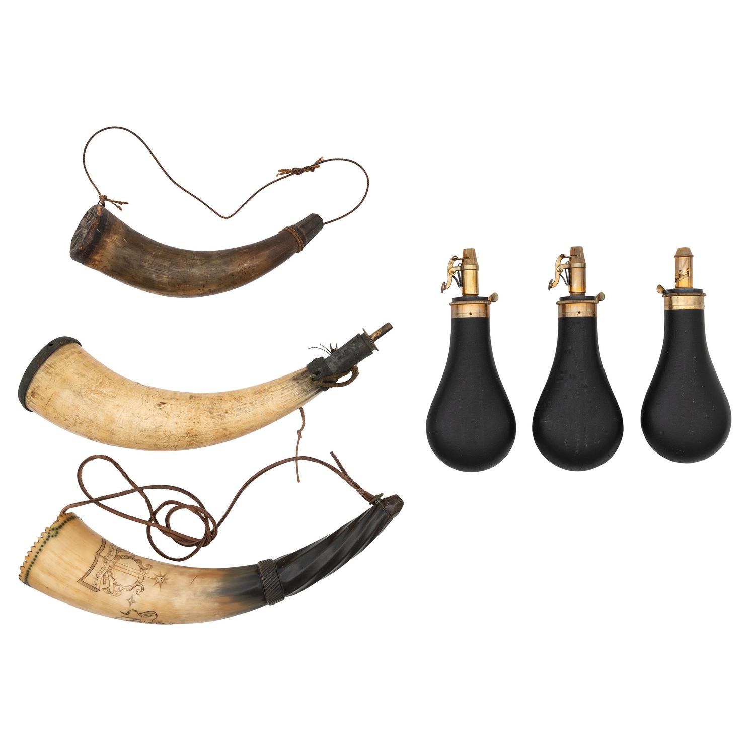 Lot of Three Parker Hale Flasks and Three Powder Horns