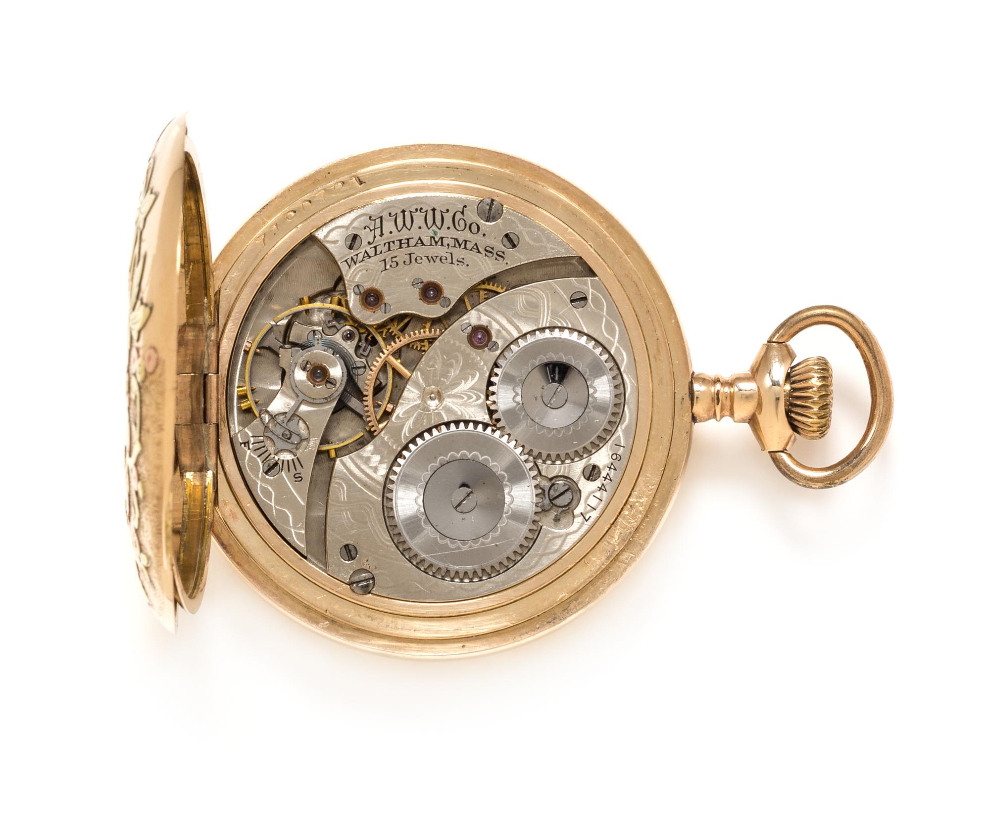 A Tricolor Gold Filled Hunter Case Pocket Watch, Waltham, Circa 1908, 50.60 dwts.
