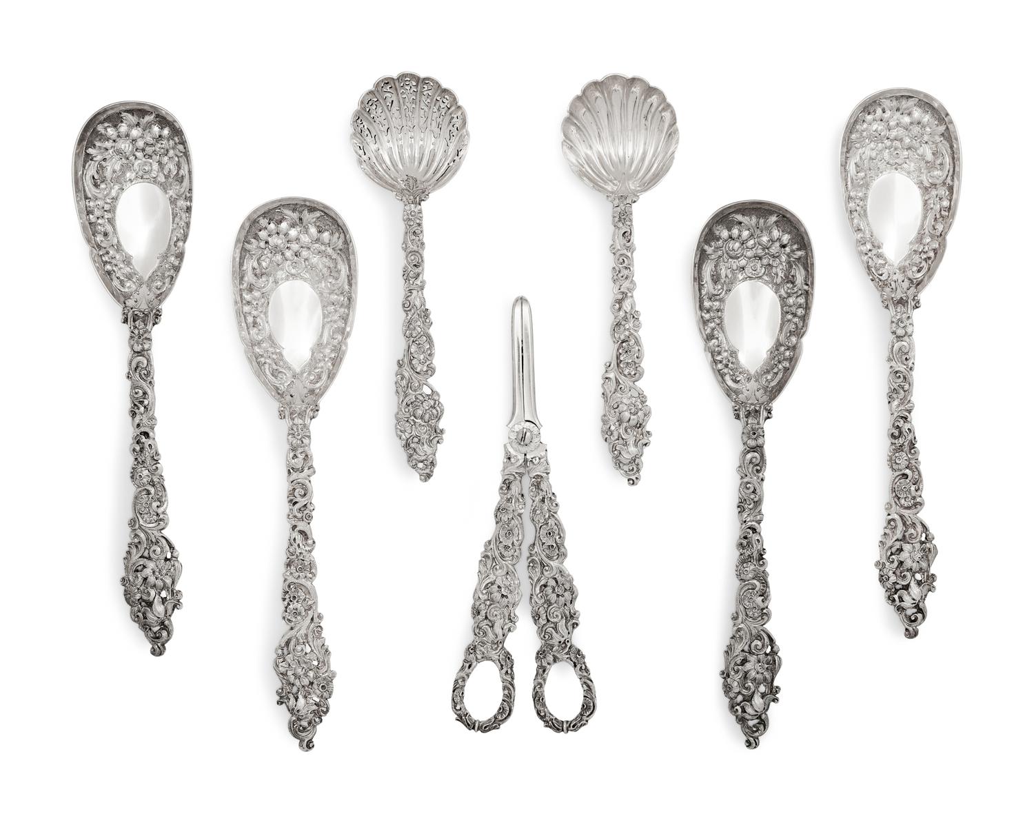 A Victorian Silver-Gilt Seven-Piece Dessert Serving Set