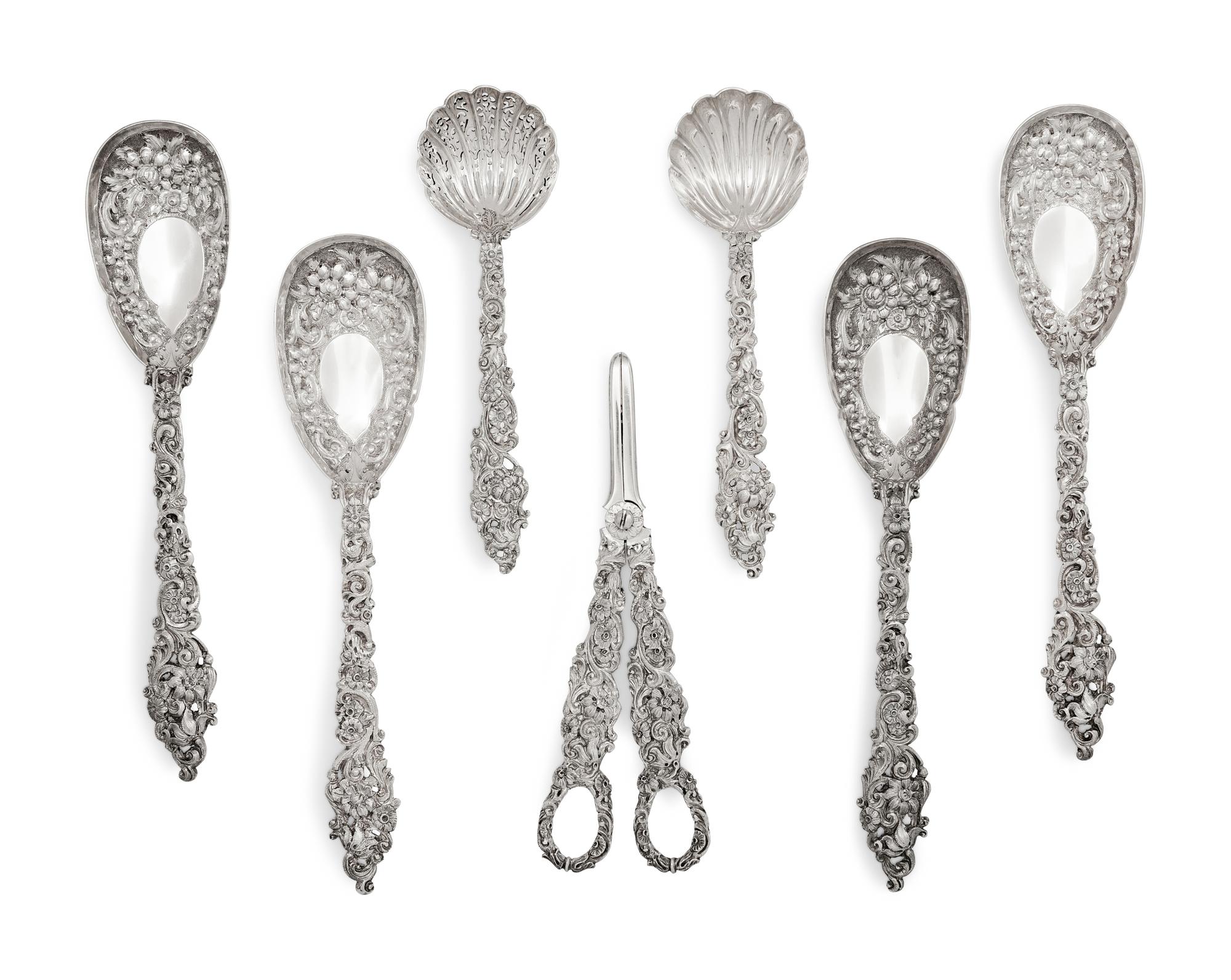 A Victorian Silver-Gilt Seven-Piece Dessert Serving Set