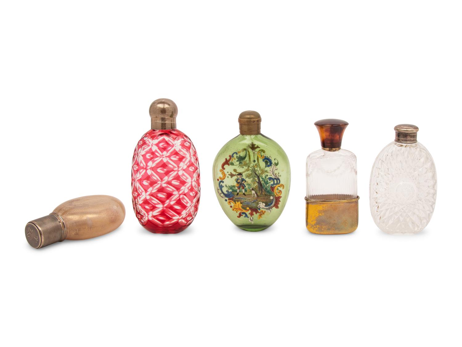 A Group of Five Glass Flasks