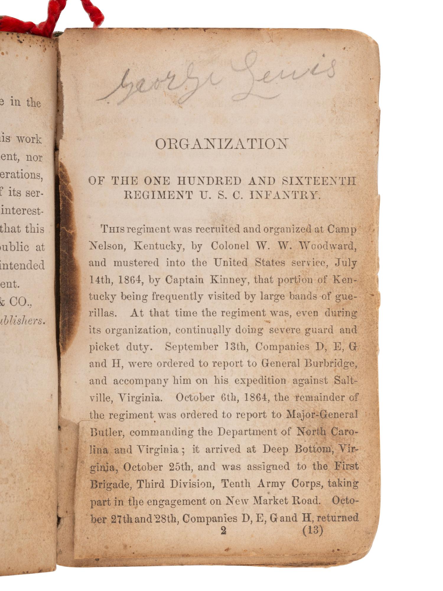 [CIVIL WAR]. The History of the 116th Regiment U.S.C. Infantry, inscribed by Private George Lewis.