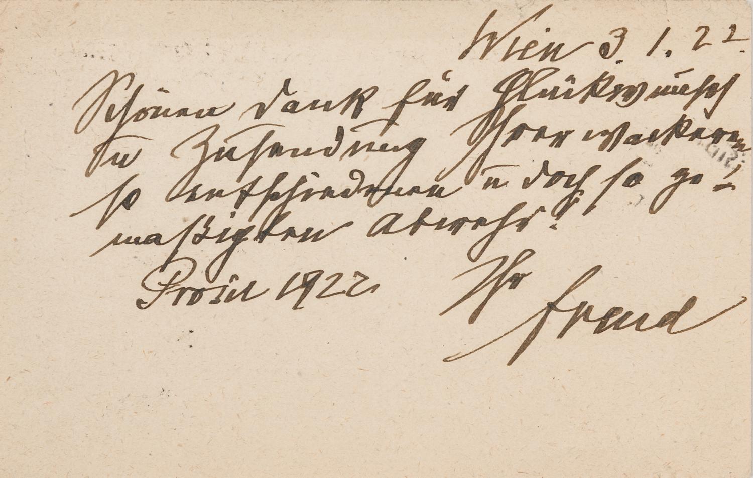 FREUD, Sigmund (1856-1939). Autograph note on postcard signed ("Freud"), in German, to Dr. [Ulrich] Grüninger. Vienna, 3 January 1922.