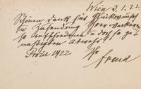 FREUD, Sigmund (1856-1939). Autograph note on postcard signed ("Freud"), in German, to Dr. [Ulrich] Grüninger. Vienna, 3 January 1922.