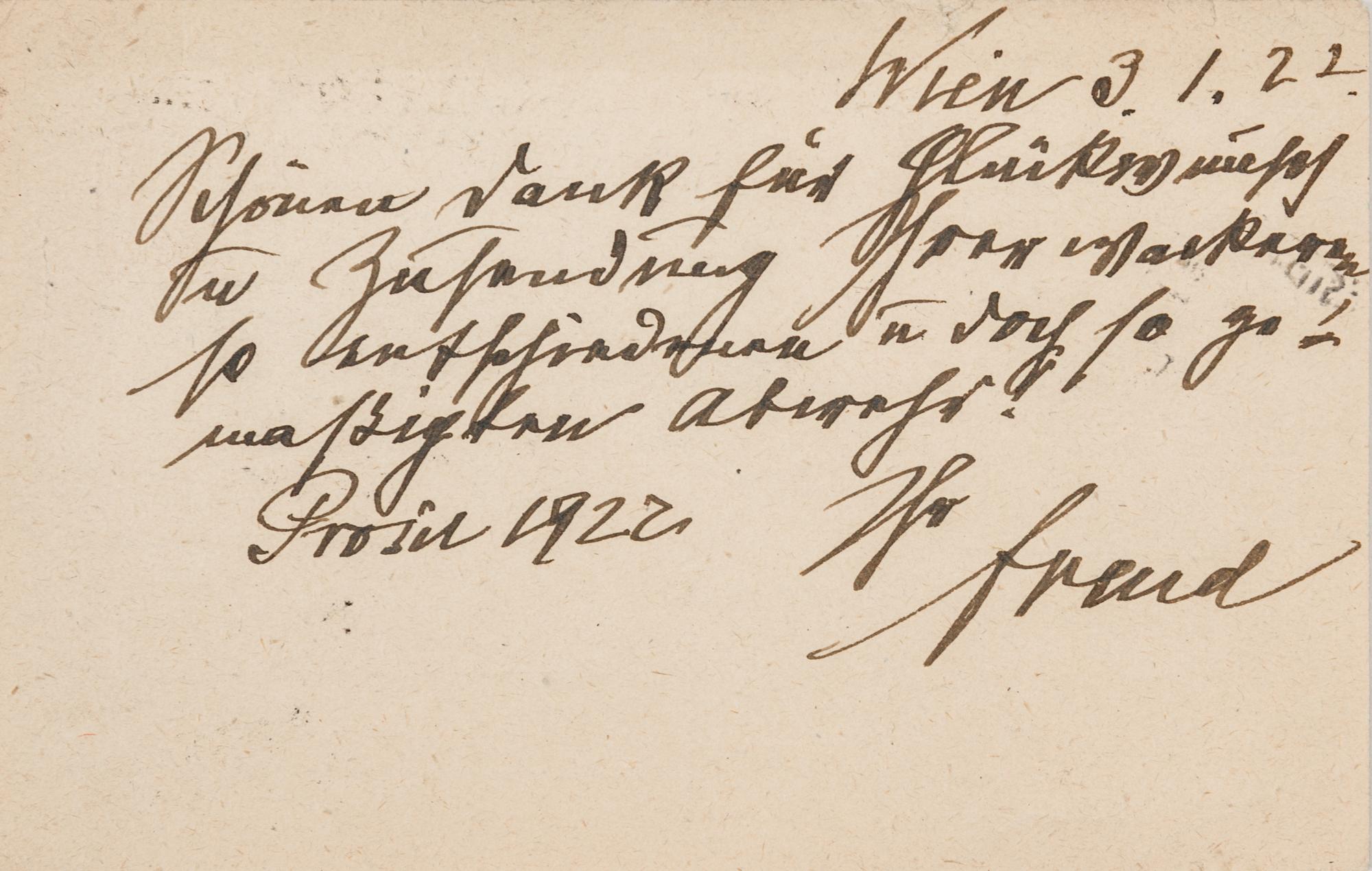 FREUD, Sigmund (1856-1939). Autograph note on postcard signed ("Freud"), in German, to Dr. [Ulrich] Grüninger. Vienna, 3 January 1922.