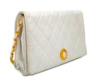 A Chanel White Lambskin Flap Clutch/Bag, 7" H x 10" W x 2" D; Strap drop: 17".