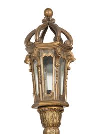A Pair of Venetian Painted and Parcel Gilt Gondola Lanterns in Marblelized Bases