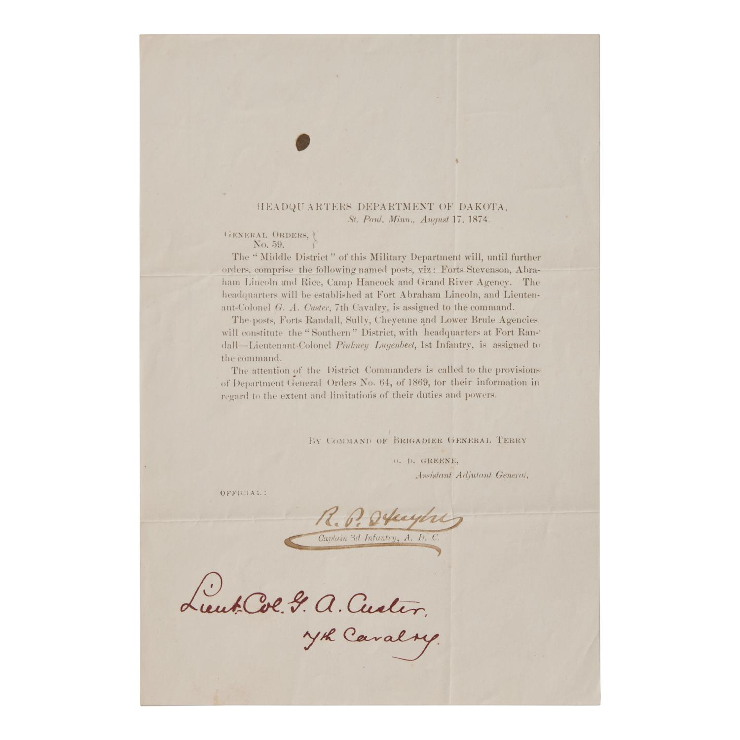 [Indian Wars] [Custer, George A.] Custer's Own Copy of Territorial General Orders, Two Years Before the Battle of Little Bighorn