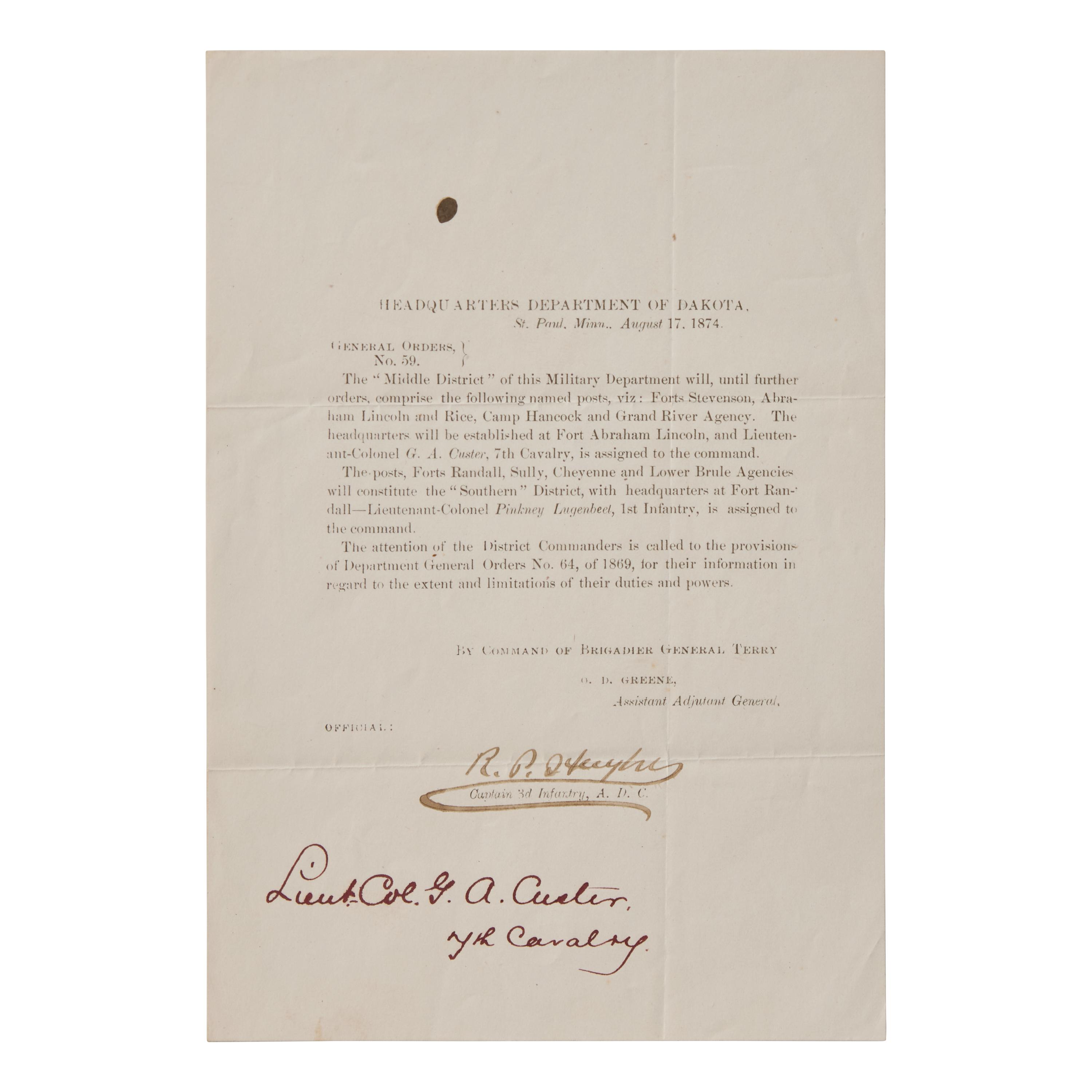 [Indian Wars] [Custer, George A.] Custer's Own Copy of Territorial General Orders, Two Years Before the Battle of Little Bighorn