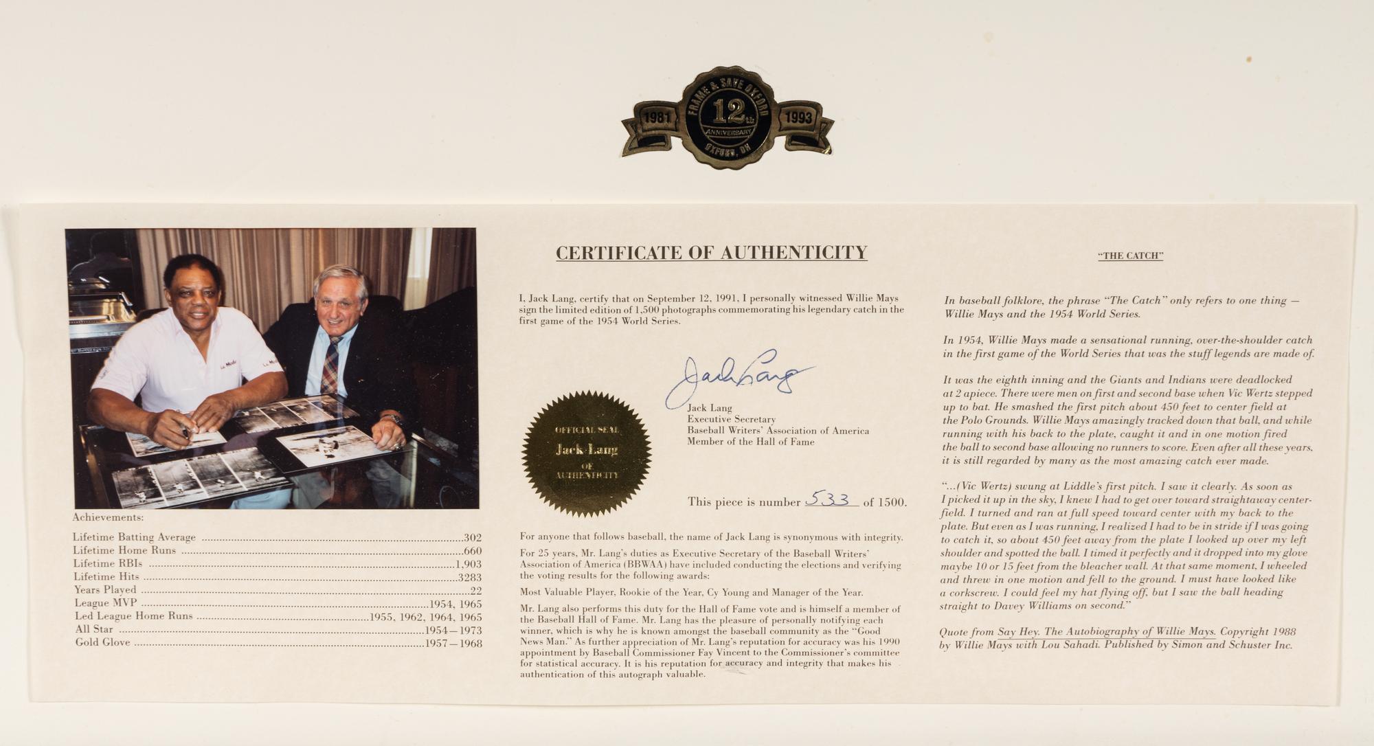 A Group of Willie Mays 1954 World Series "The Catch" Signed Autograph Displays (Beckett Authentication Services Letter),