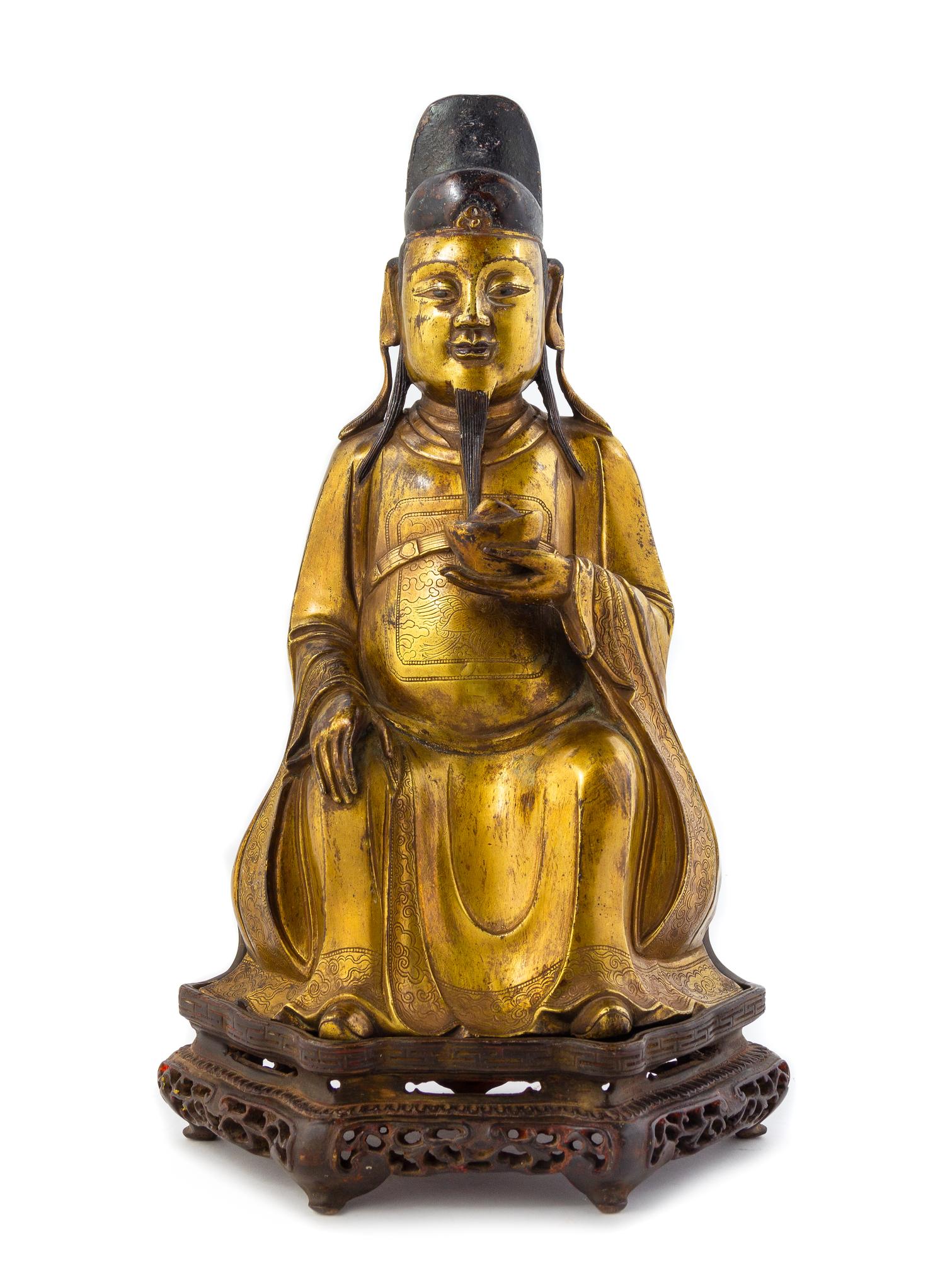 A Gilt Bronze Figure of Immortal of Wealth, Caishen Total height 16 1/2 inches. — MING DYNASTY (1368-1644)