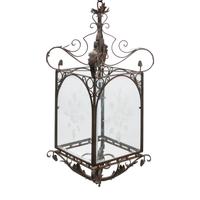 A Pair of Louis XV Style Iron and Parcel Gilt Etched Glass Hall Lanterns